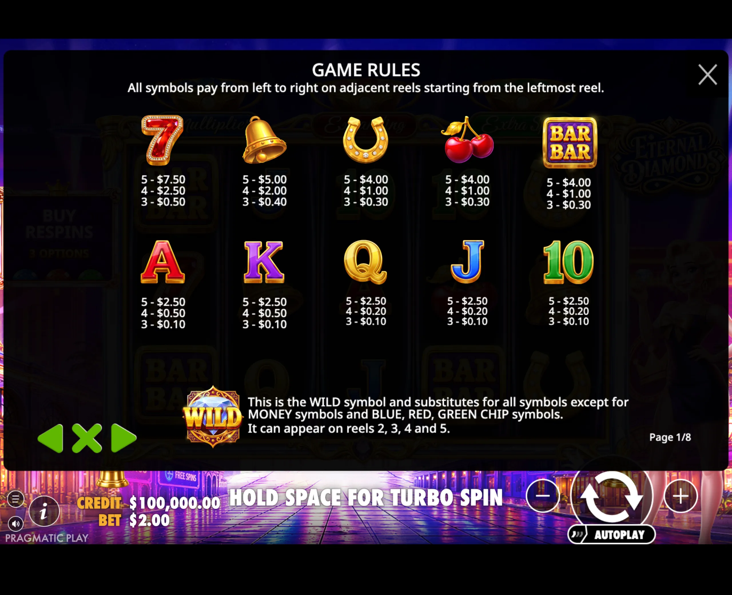 Eternal Diamonds slot game paytable featuring classic symbols like red 7, golden bell, horseshoe, cherries, and BAR icons with their respective payouts.