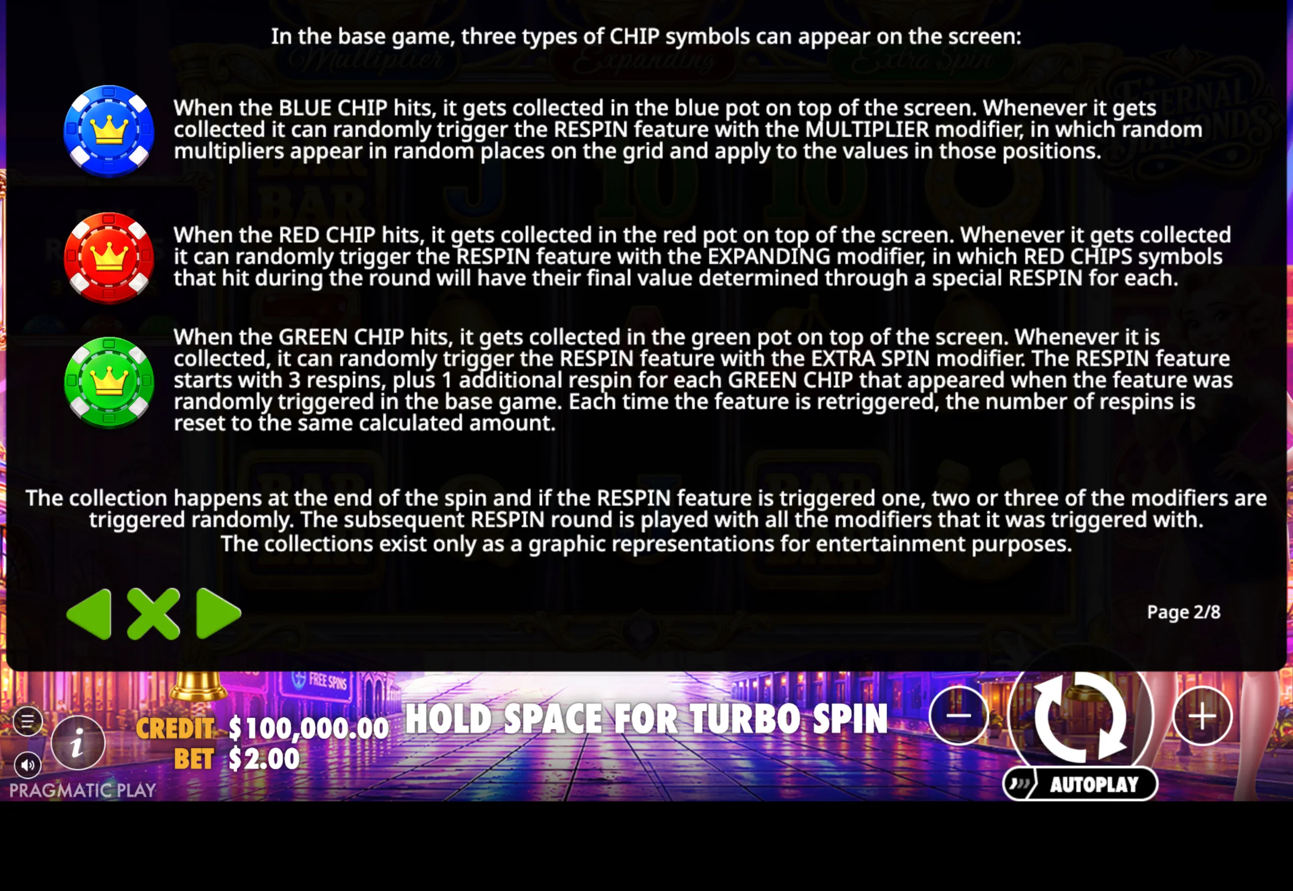 Instructional text detailing three types of chip symbols—blue, red, and green—and their respective respin features and modifiers in the Eternal Diamonds slot game.