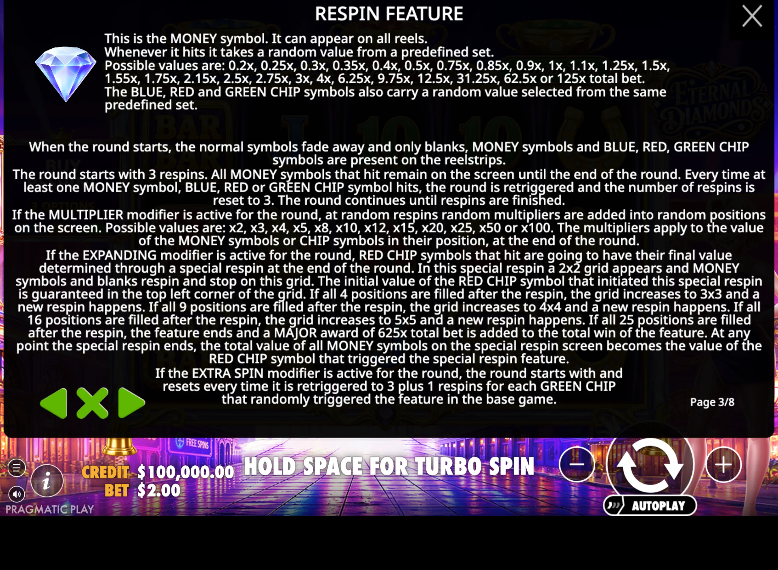 Eternal Diamonds slot game respin feature instructions with a blue diamond symbol and detailed text explaining symbol values, respin mechanics, and modifiers.