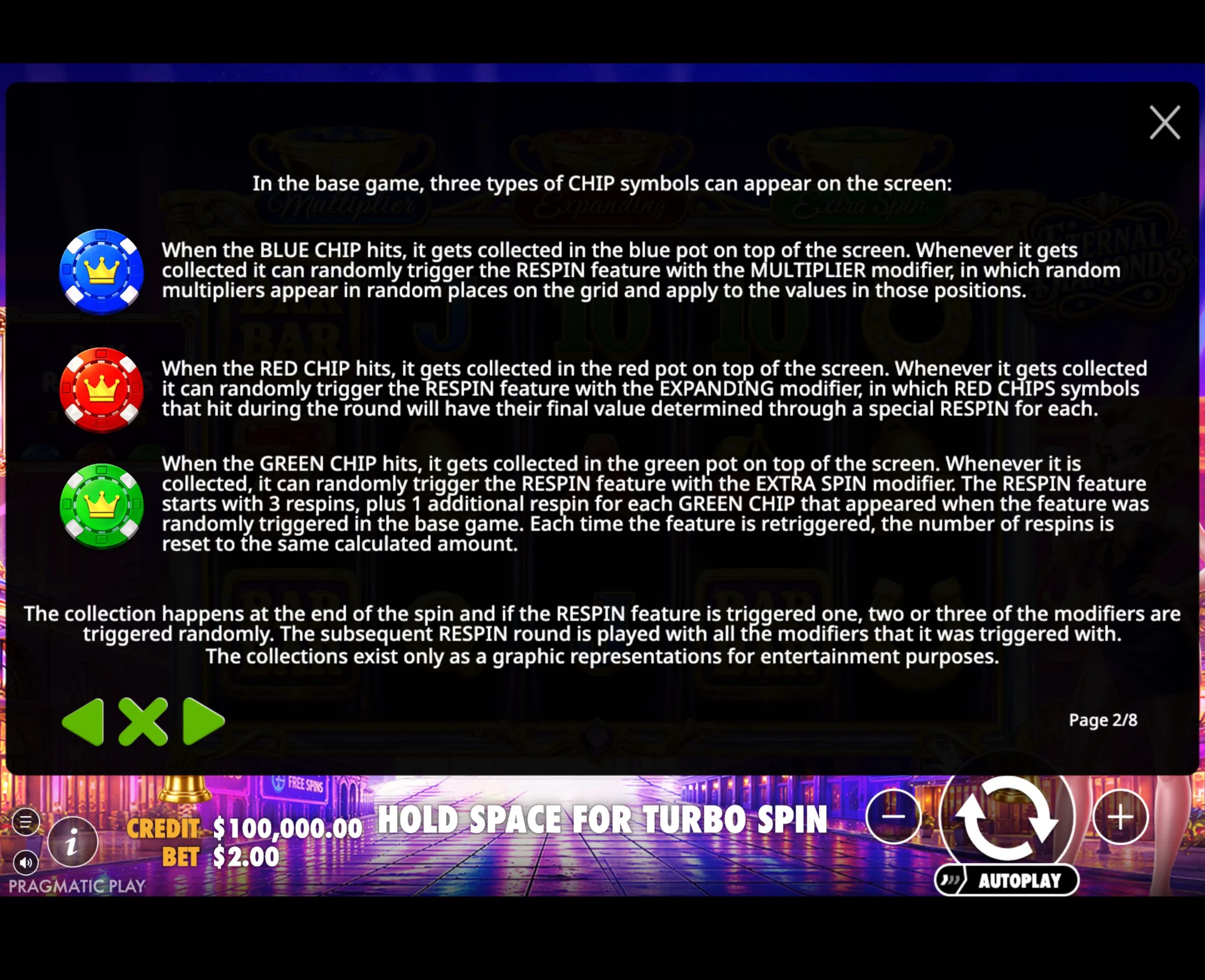 Eternal Diamonds slot game instructions detailing the three types of chip symbols—blue, red, and green—and their respective respin features and modifiers.