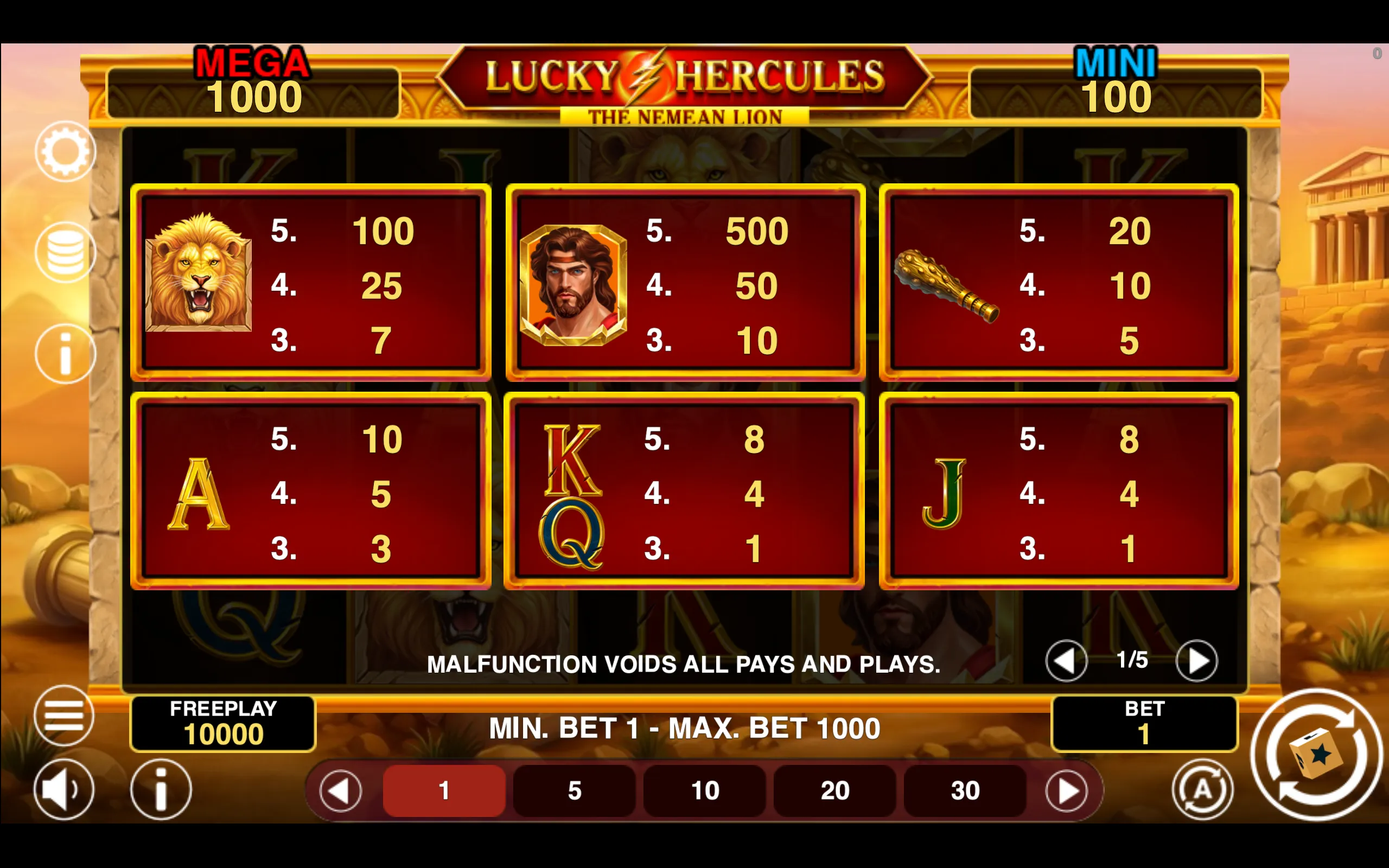 Lucky Hercules paytable page 1 with symbol payouts