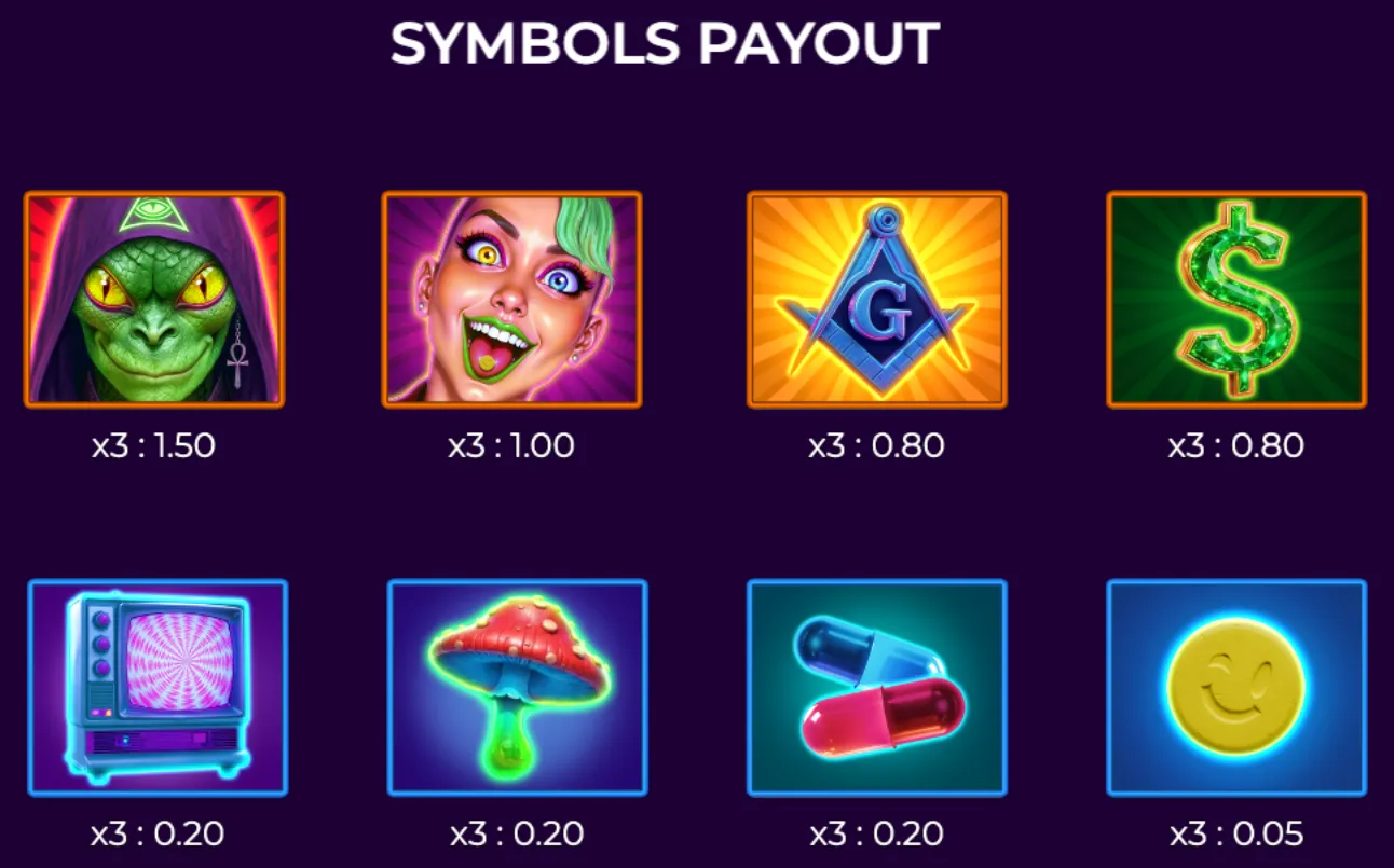 Brightly colored slot symbols including a reptilian figure with an Illuminati eye, a vibrant punk character, Masonic compass, dollar sign, retro TV, glowing mushroom, capsules, and a winking smiley face on a dark purple background.