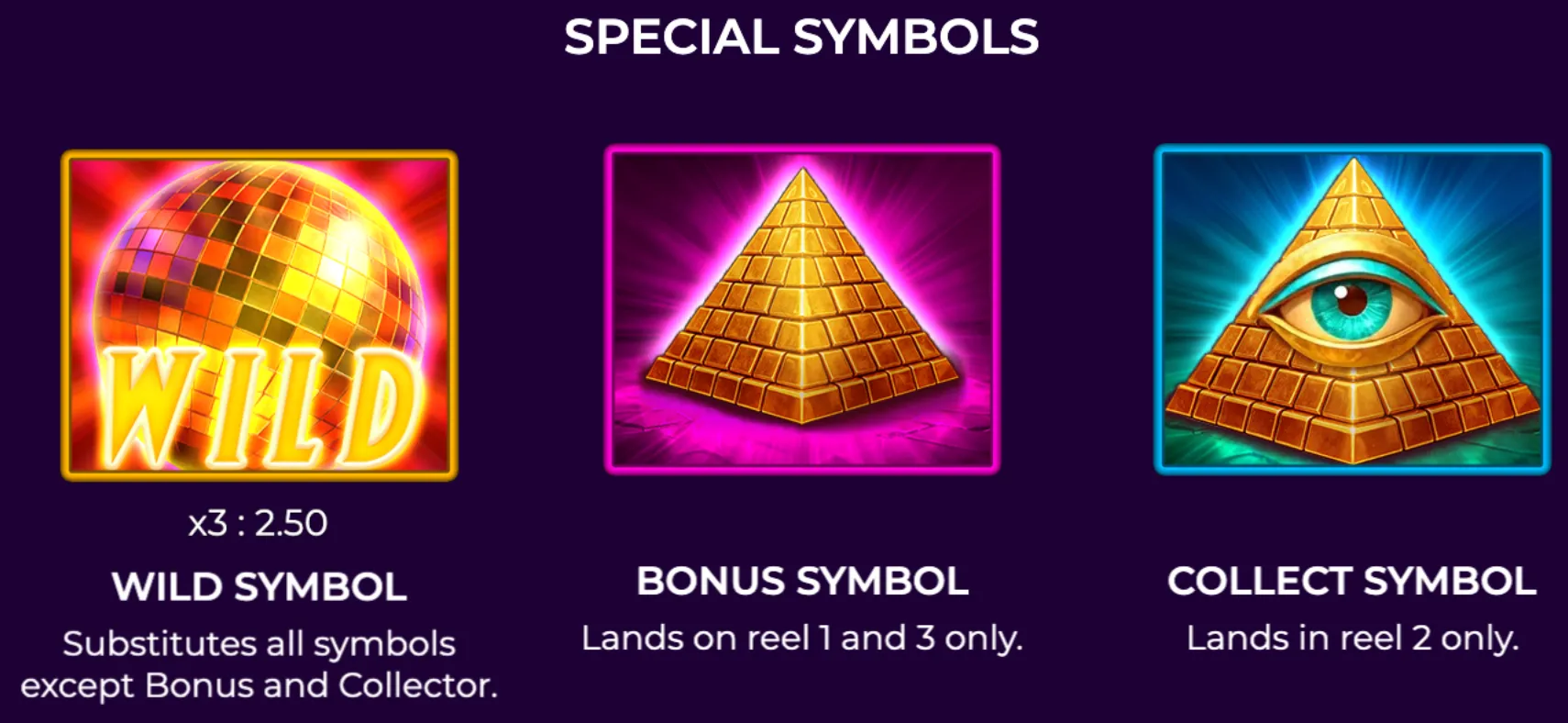Three special symbols from Illuminati Party slot game: a golden disco ball wild symbol, a golden pyramid bonus symbol, and a golden pyramid with an eye collect symbol, each with distinct reel landing rules.