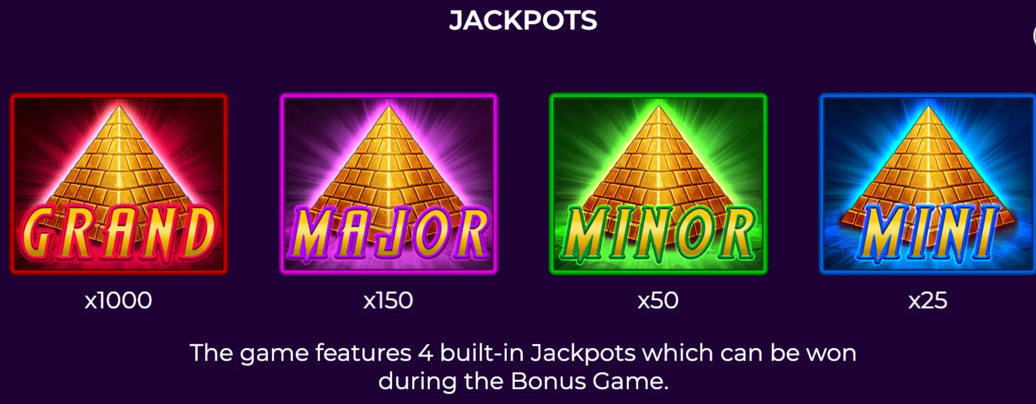 Four golden pyramid jackpot symbols labeled Grand, Major, Minor, and Mini with respective multipliers x1000, x150, x50, and x25 on a dark purple background.