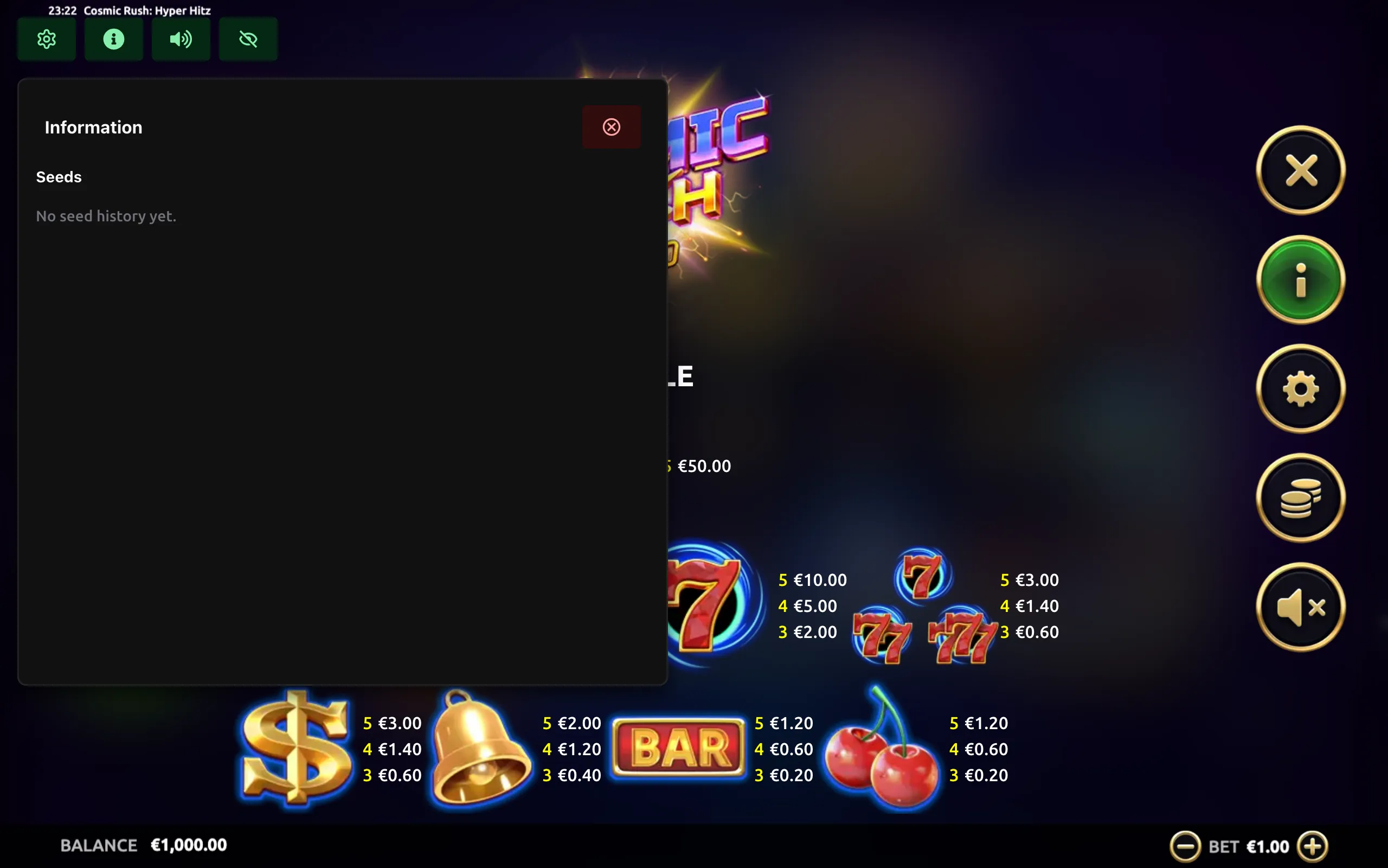 Cosmic Rush Hyper Hitz paytable page 1 with symbol payouts