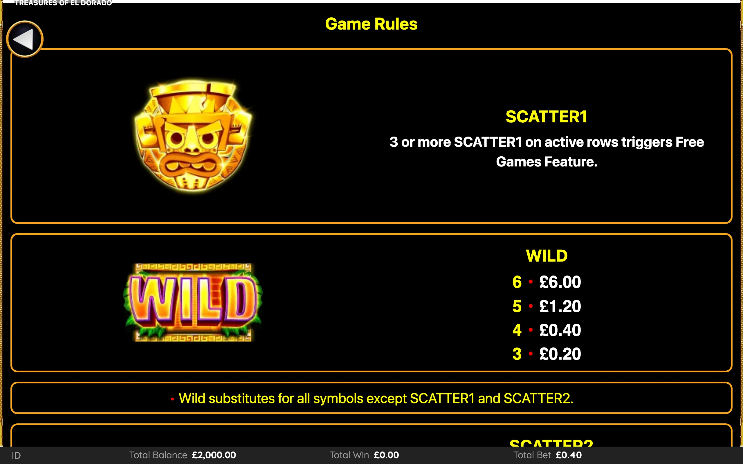 Treasures of El Dorado paytable page 1 with symbol payouts
