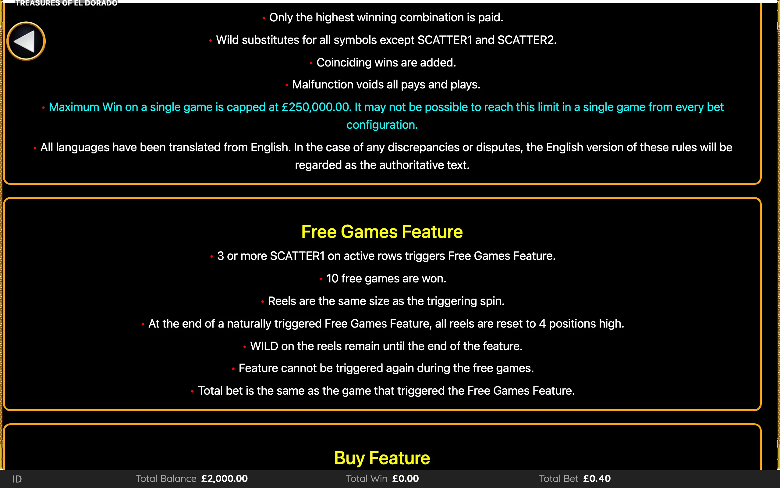 Treasures of El Dorado paytable page 5 with symbol payouts