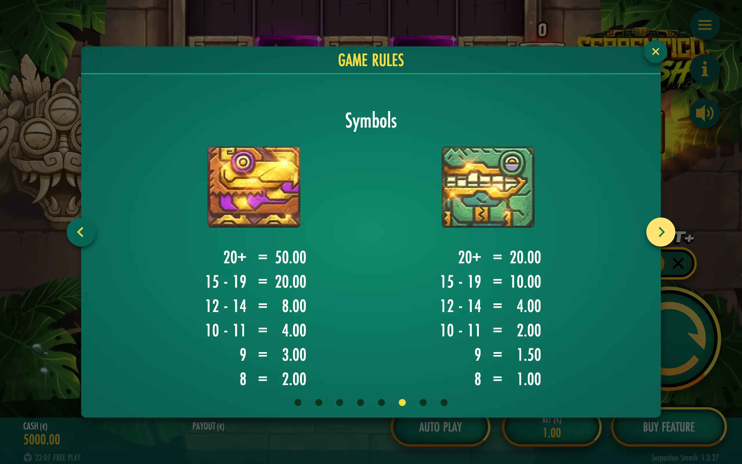 Serpentico Smash paytable page 1 with symbol payouts