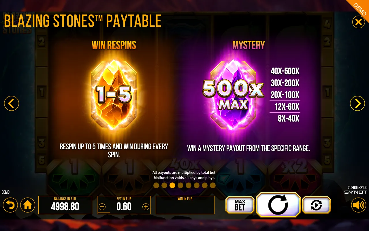 Blazing Stones paytable page 3 with symbol payouts