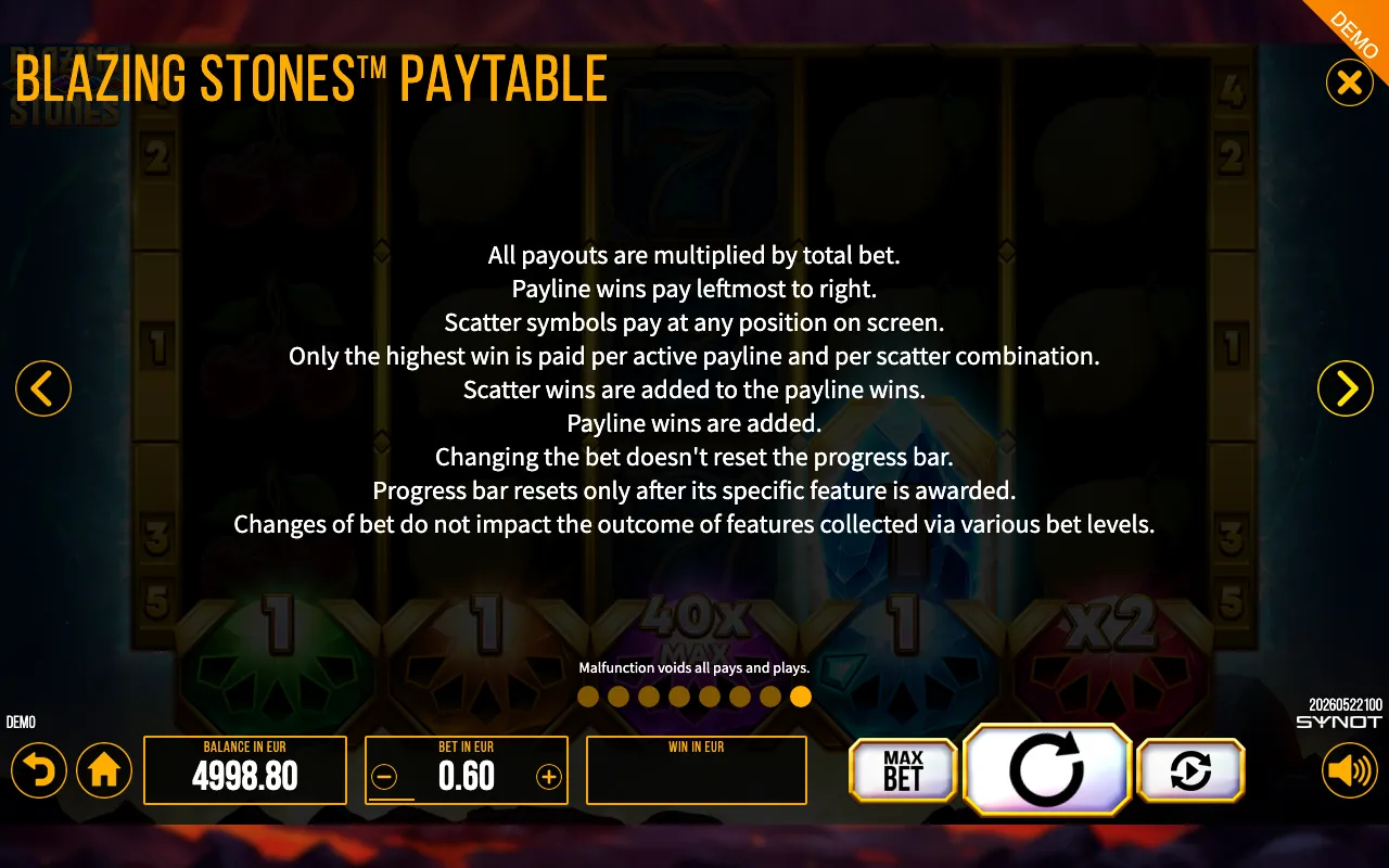Blazing Stones paytable page 8 with symbol payouts
