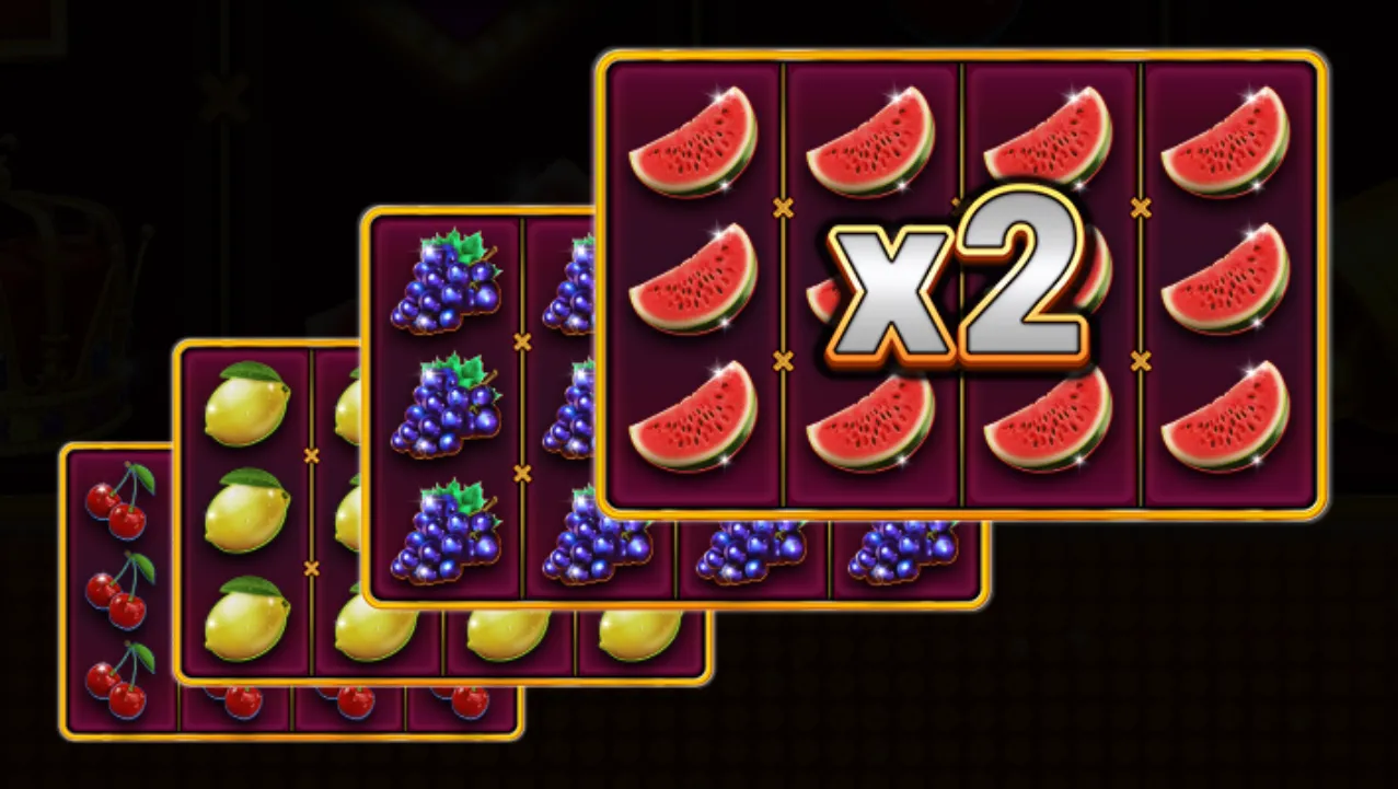 Classic fruit slot symbols including cherries, lemons, grapes, and watermelons with a prominent x2 multiplier highlight on a dark background