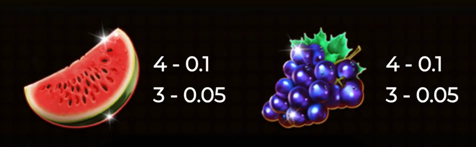 Brightly colored watermelon slice and grape fruit symbols with associated payout values on a dark background.