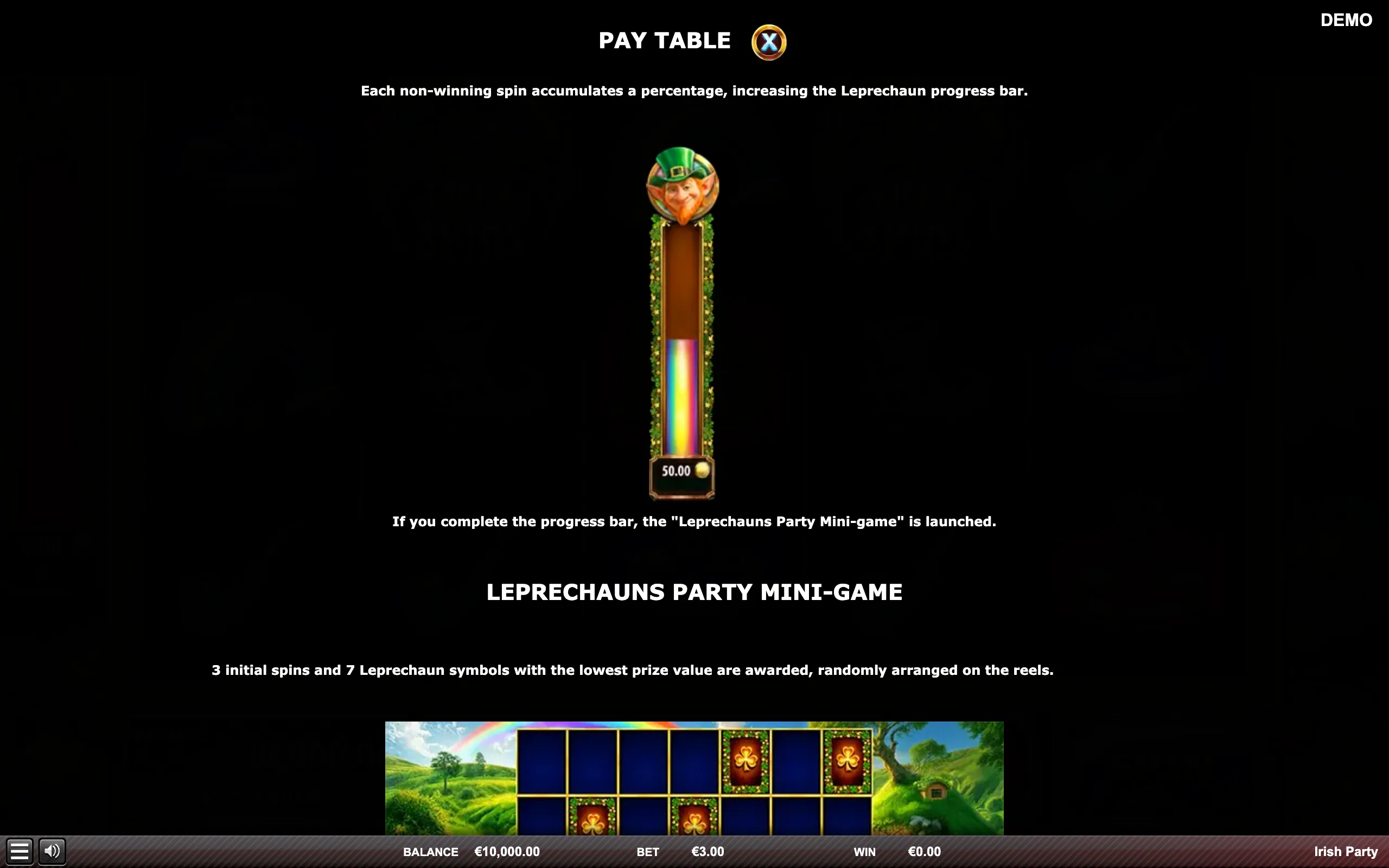 Irish Party paytable page 2 with symbol payouts