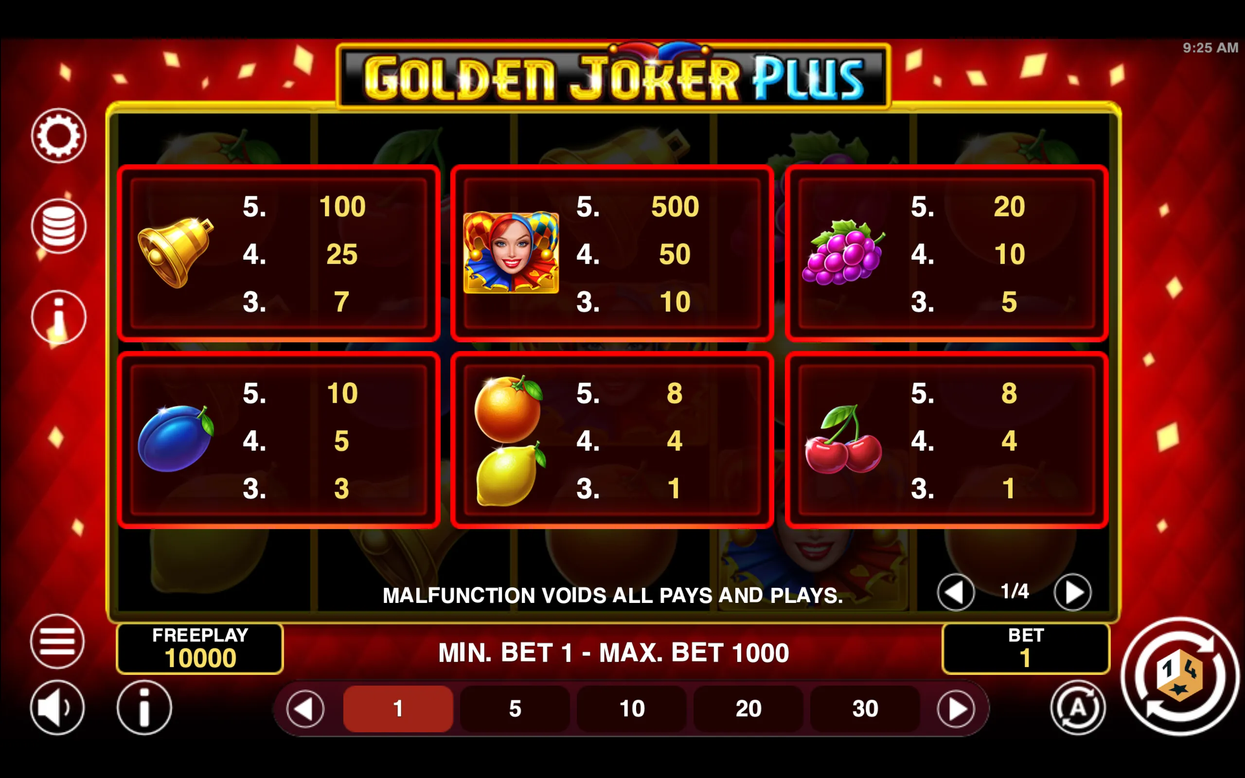 Golden Joker Plus paytable page 1 with symbol payouts