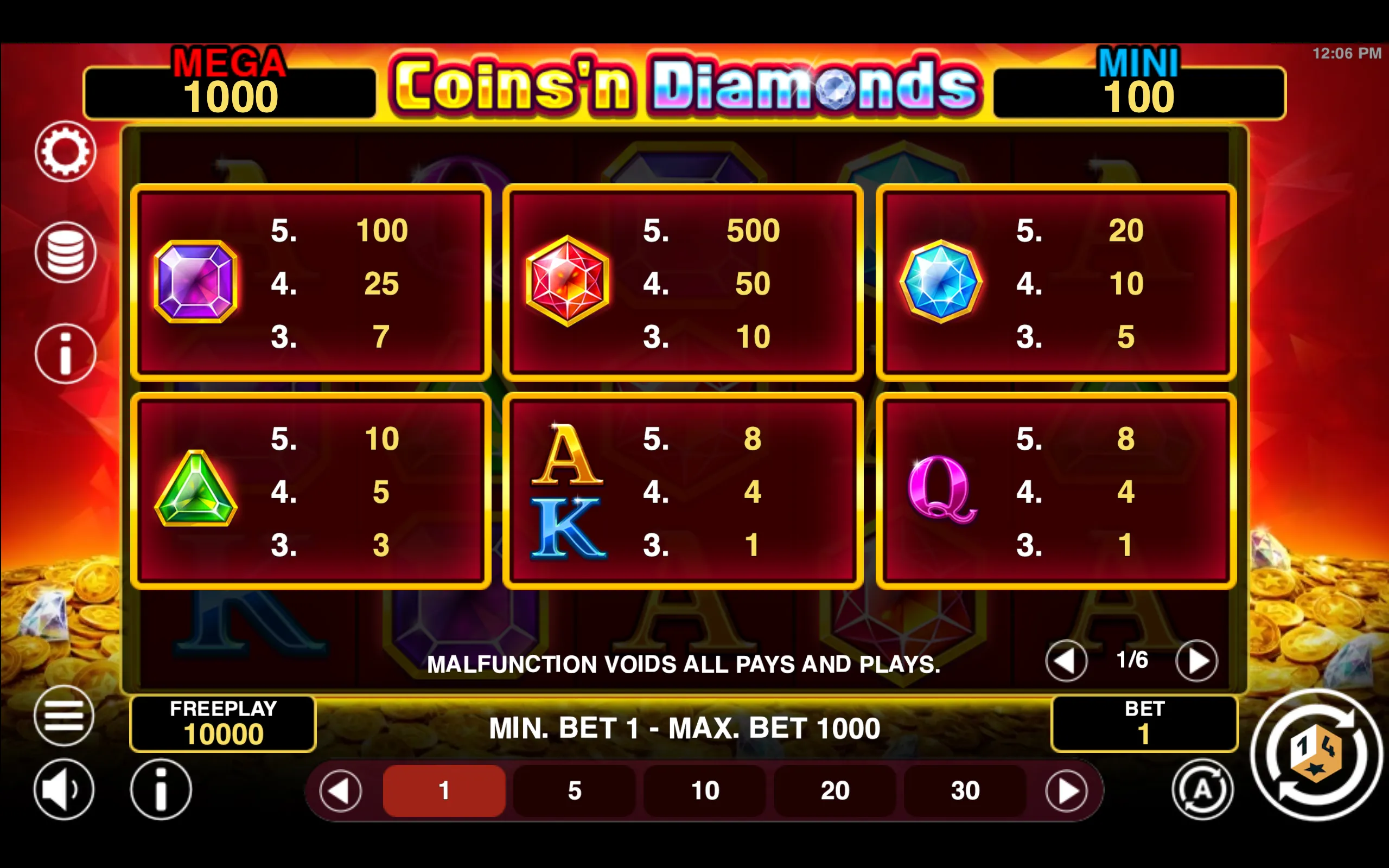 Coins'n Diamonds Fortune paytable page 1 with symbol payouts