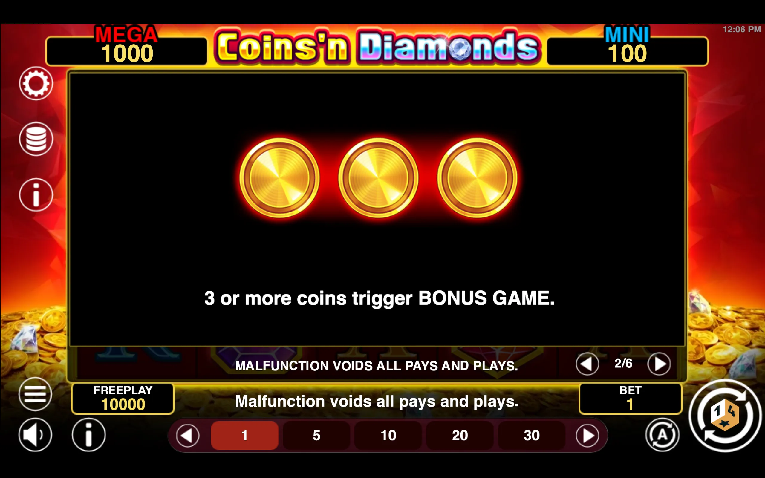 Coins'n Diamonds Fortune paytable page 2 with symbol payouts