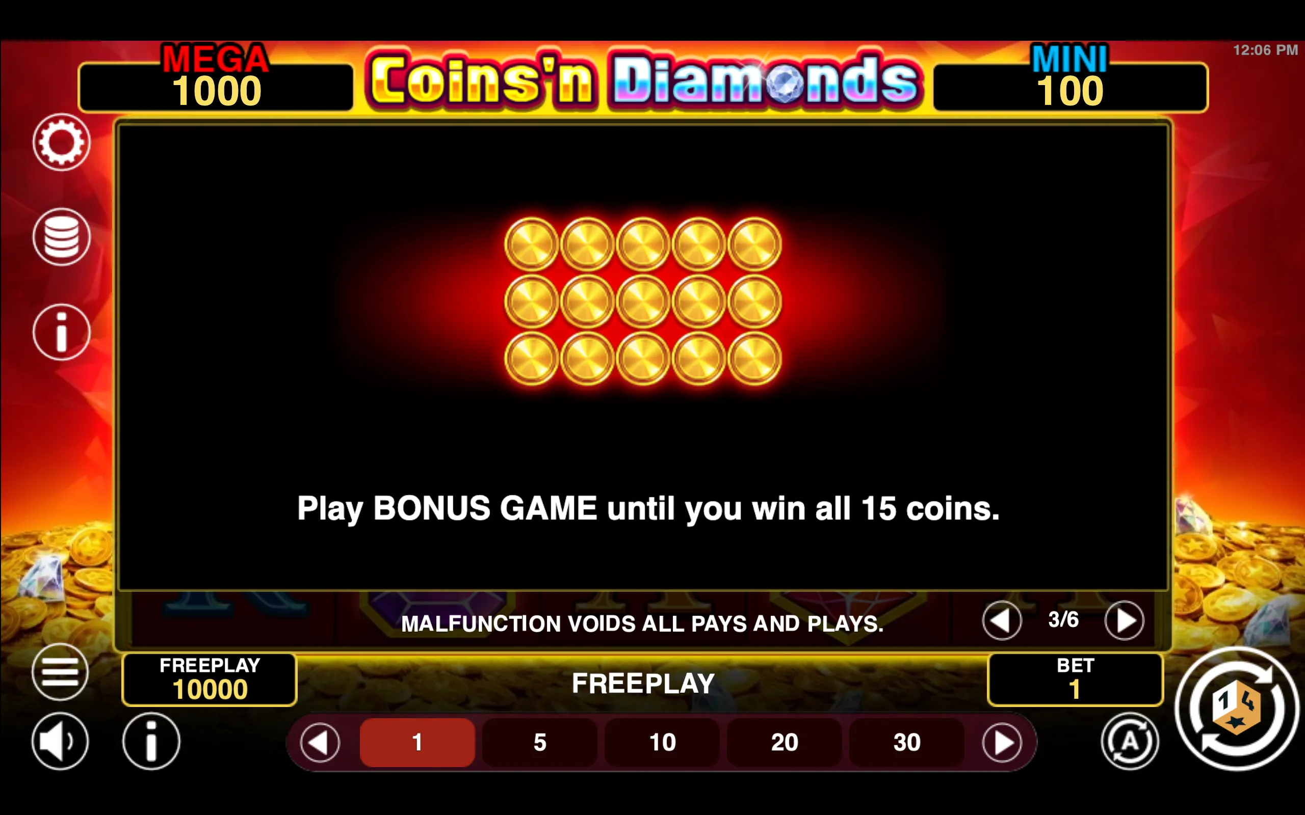 Coins'n Diamonds Fortune paytable page 3 with symbol payouts