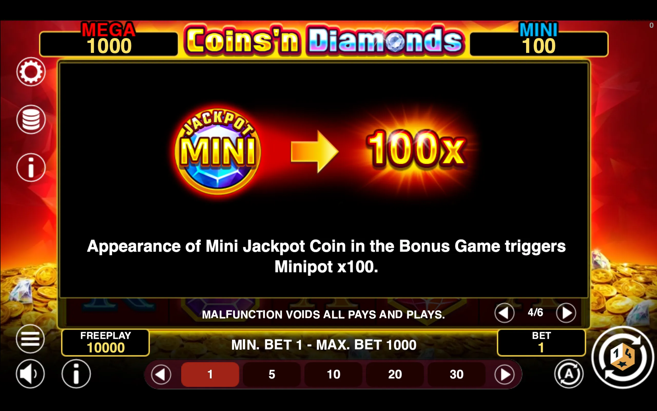 Coins'n Diamonds Fortune paytable page 4 with symbol payouts