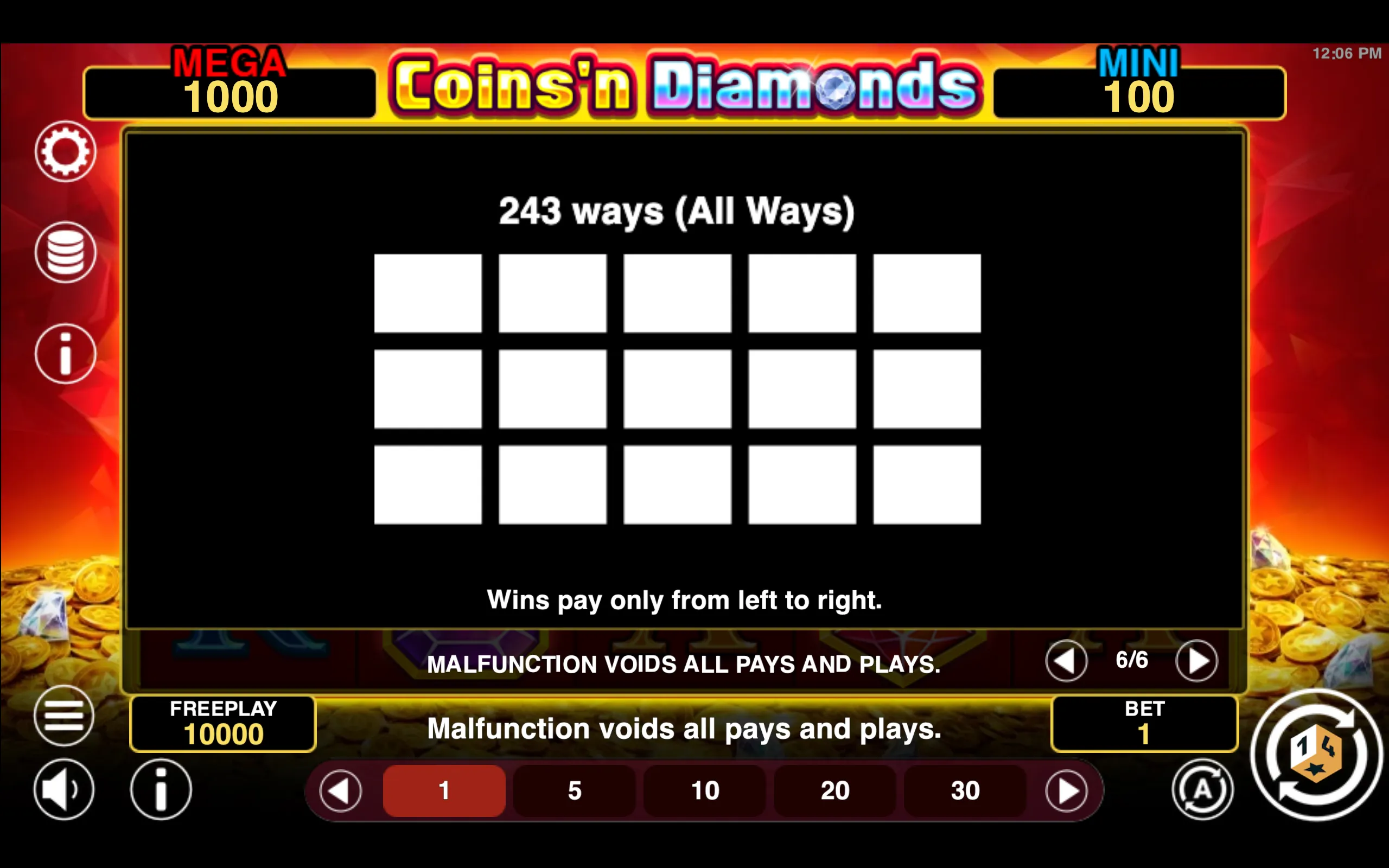 Coins'n Diamonds Fortune paytable page 5 with symbol payouts
