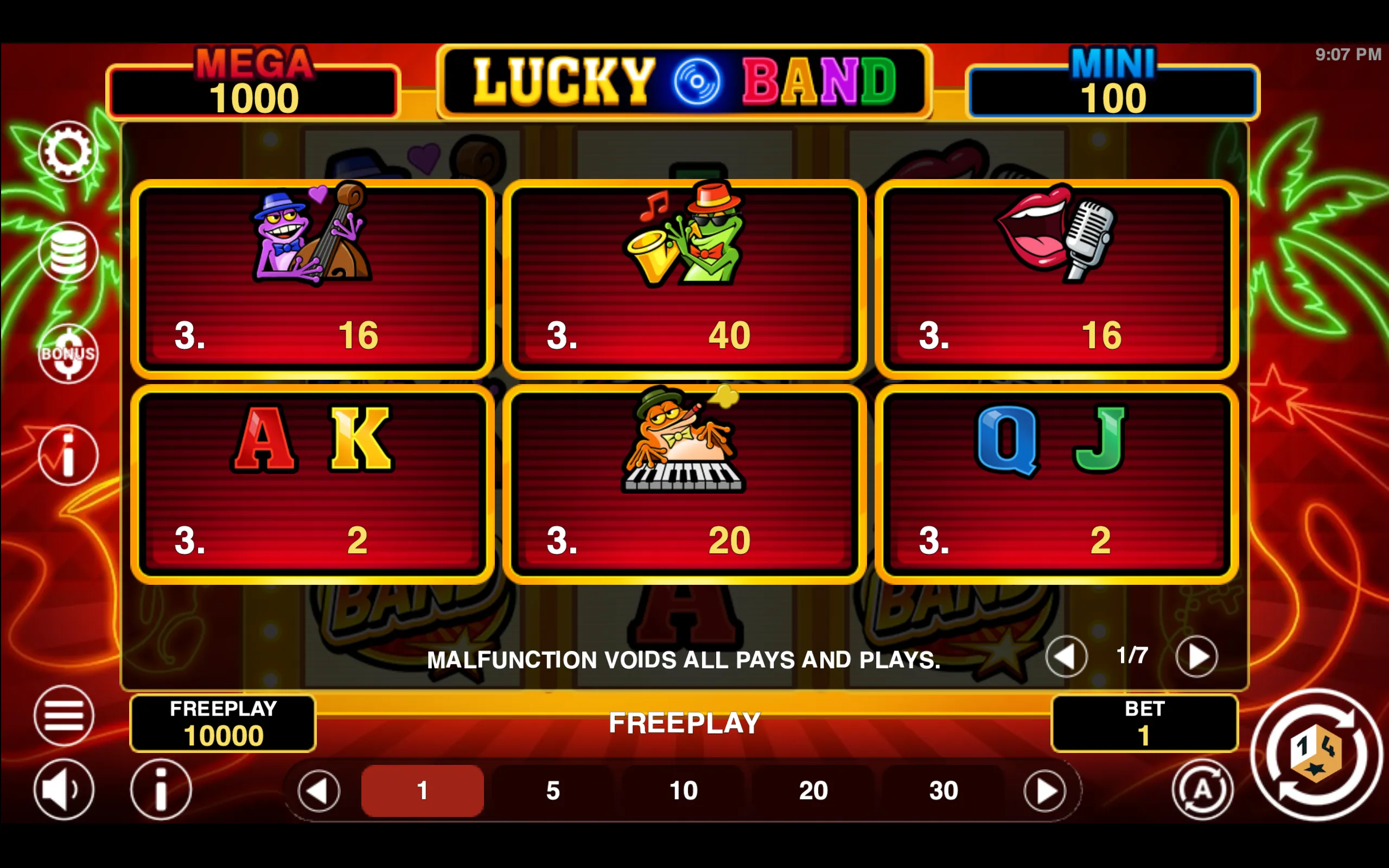 Lucky Band paytable page 1 with symbol payouts