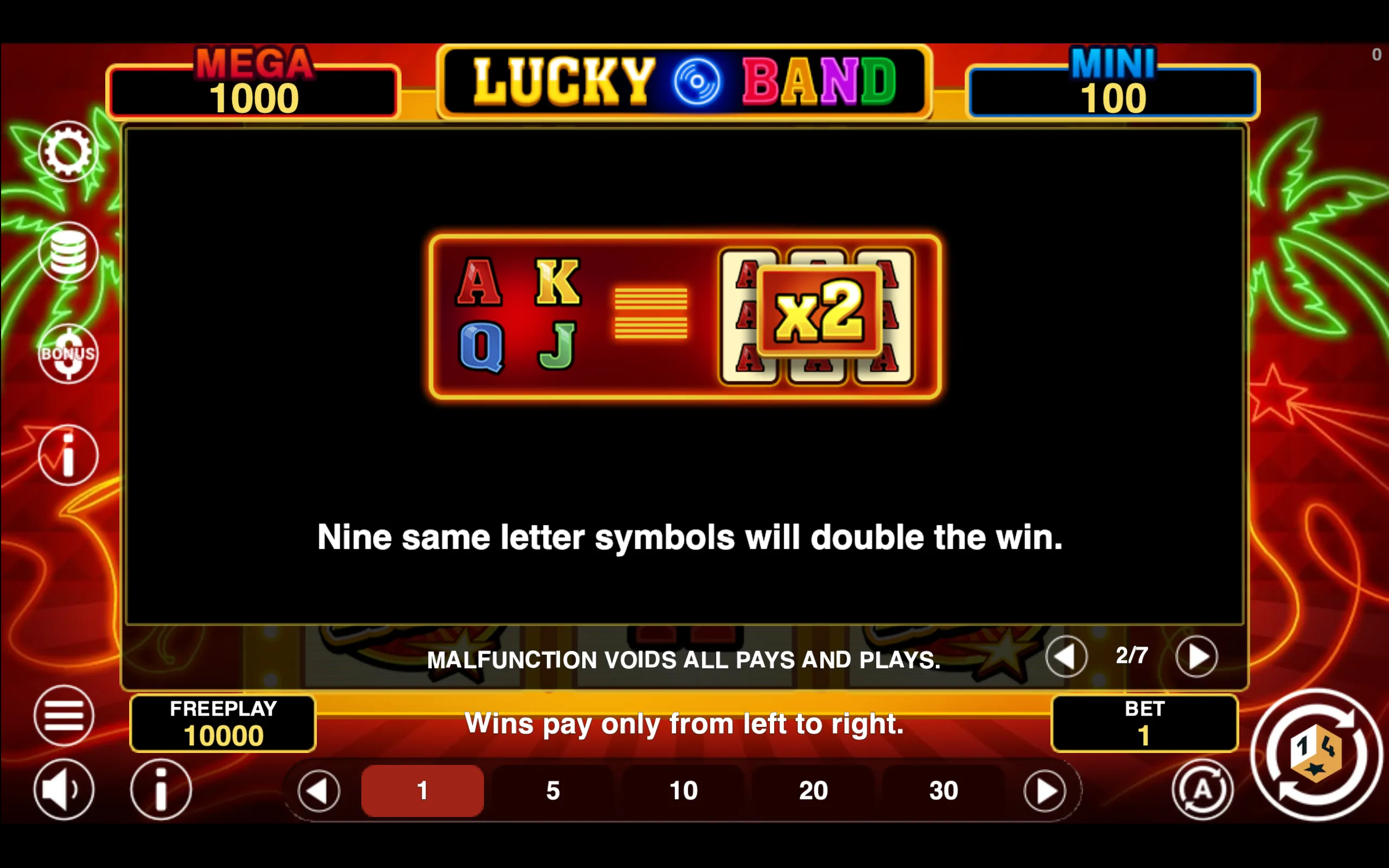 Lucky Band paytable page 2 with symbol payouts