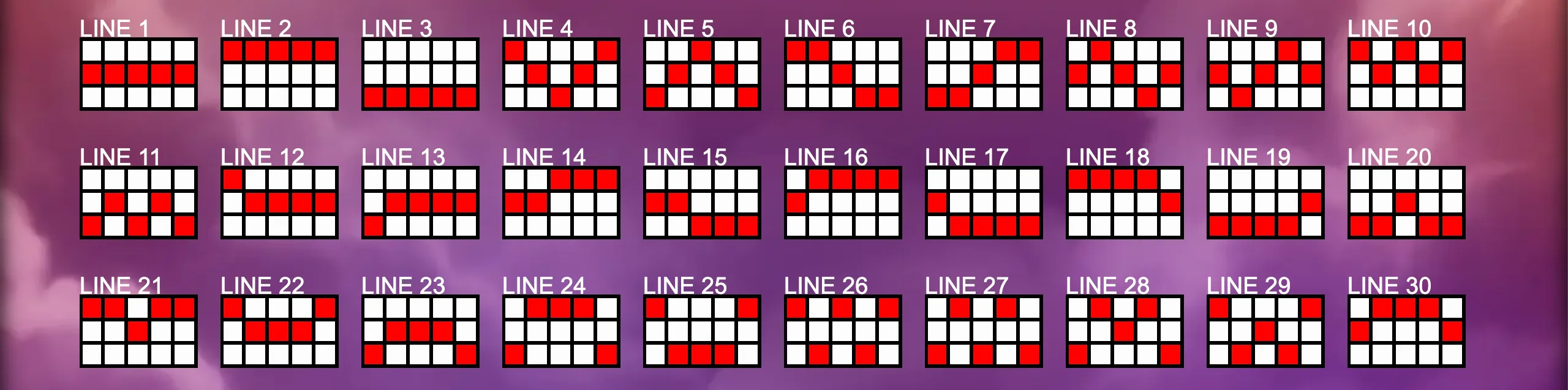 Nectar of Power slot game paylines layout with 30 distinct winning line patterns on a purple cloudy background.
