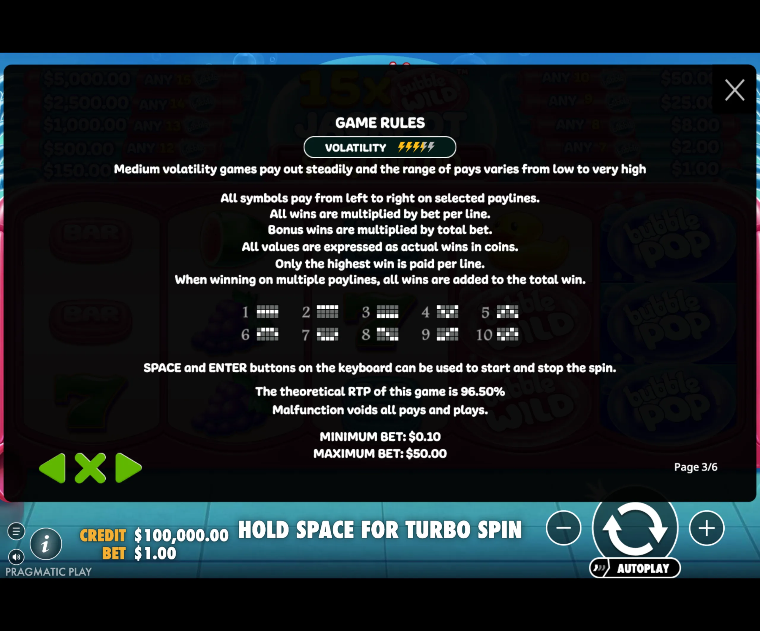 Game rules panel for Bubble Wild slot showing medium volatility, paylines, betting range, and payout information with a blue underwater background.