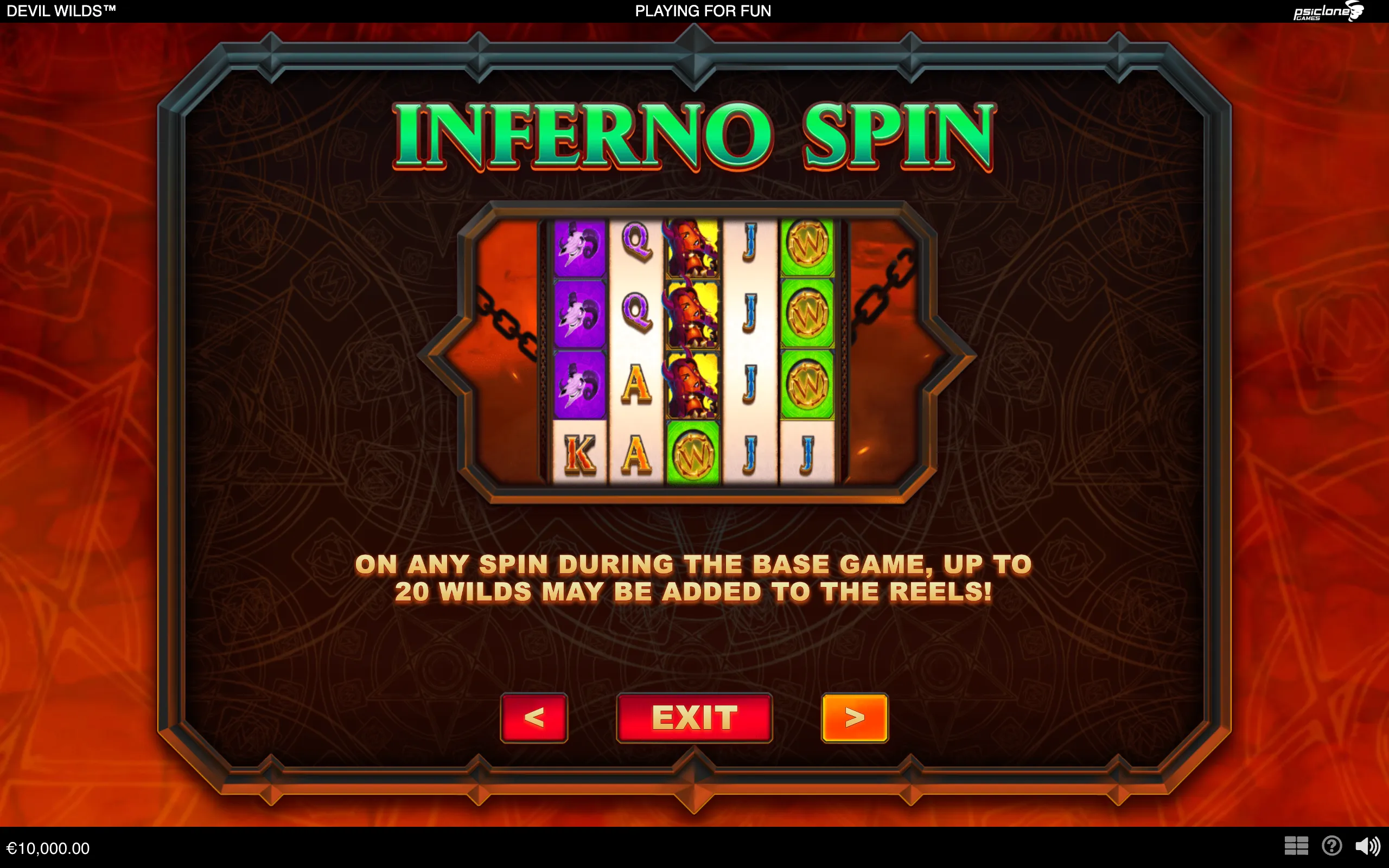Devil Wilds slot interface with fiery red surroundings, chained reel housing, devil-themed symbols, and a message about adding up to 20 wilds to the reels.