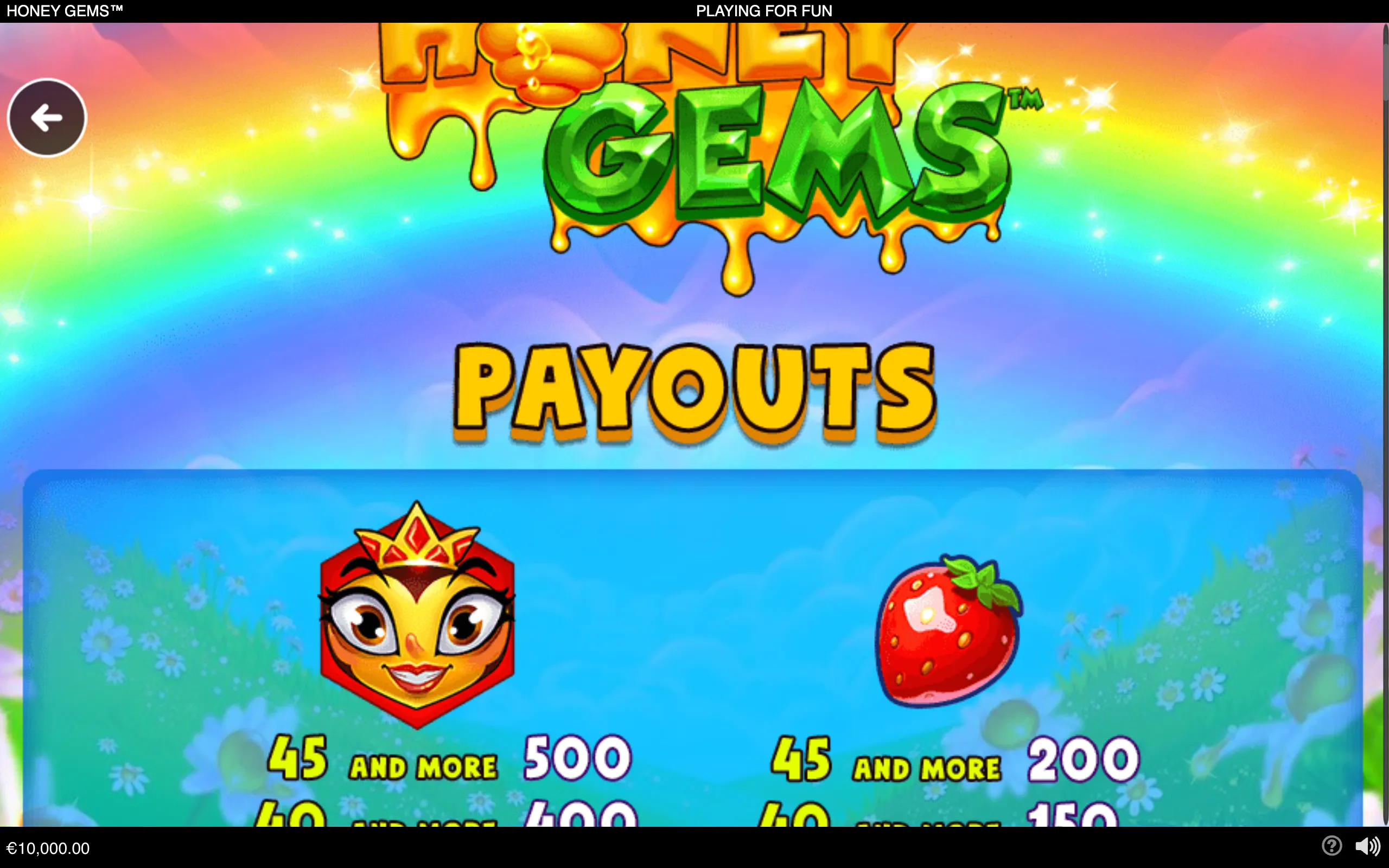 Honey Gems payout guide featuring a honey-dripping logo, green gem lettering, a crowned cartoon character, and a strawberry symbol against a rainbow meadow backdrop.