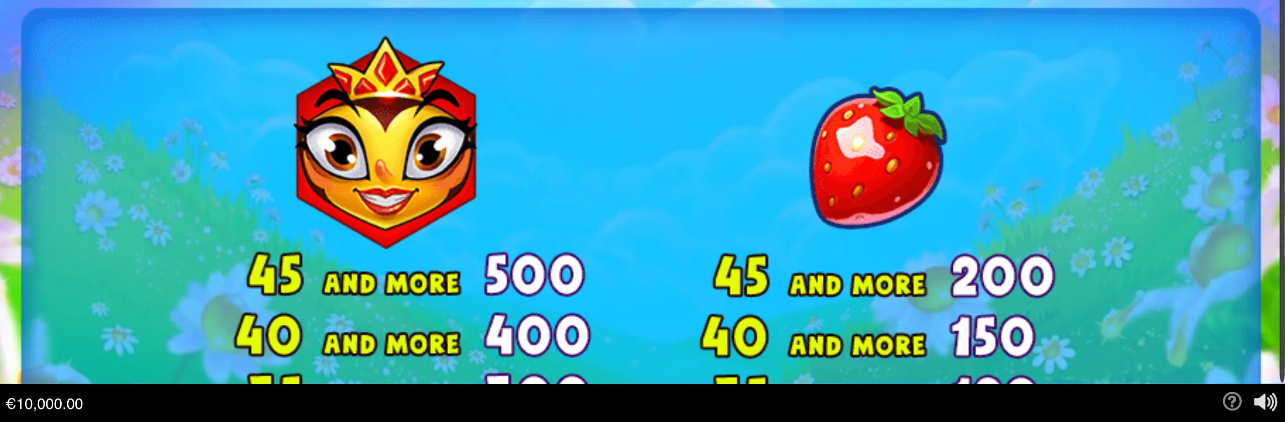 Colorful Honey Gems slot artwork featuring a smiling crowned honey character, a glossy strawberry, and payout values against a blue flower-filled meadow.