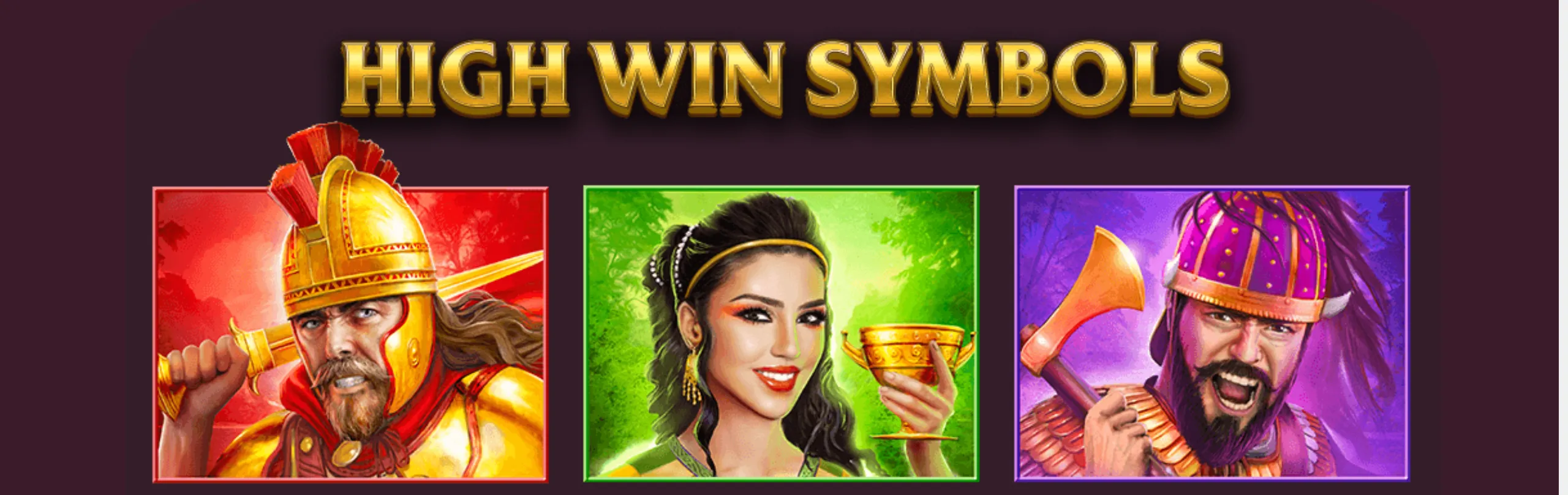 Age of the Gods: God of Storms III high win symbols featuring a Roman soldier, a woman holding a golden cup, and a bearded warrior in colorful ancient-inspired portraits.