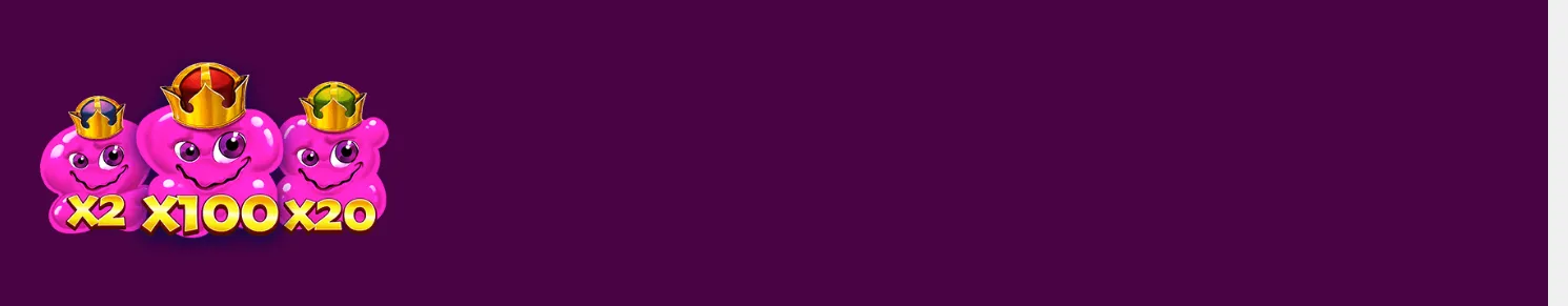 Three smiling pink cartoon monsters wearing jeweled crowns display x2, x100, and x20 multipliers against a deep purple backdrop.