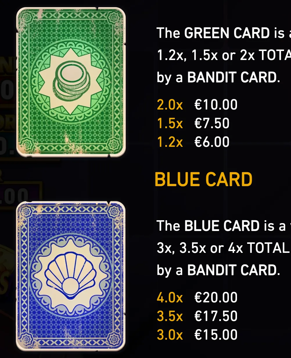 Decorative green and blue playing cards feature coin and seashell emblems alongside text explaining their multiplier values and euro payouts.