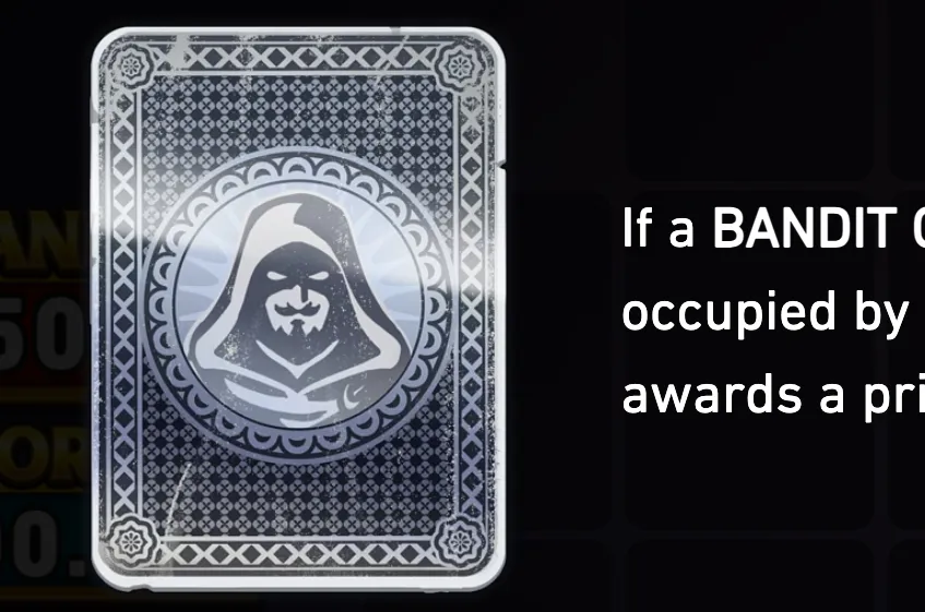 A monochrome playing-card design featuring a hooded bandit emblem, ornate borders, and partial text describing a prize-awarding condition.