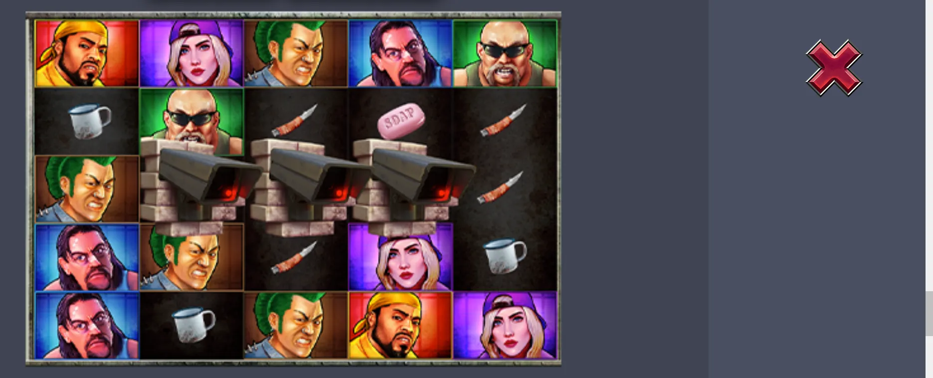Lockdown Loot slot reels featuring illustrated inmates, security cameras, knives, soap, metal mugs, and a red X symbol.