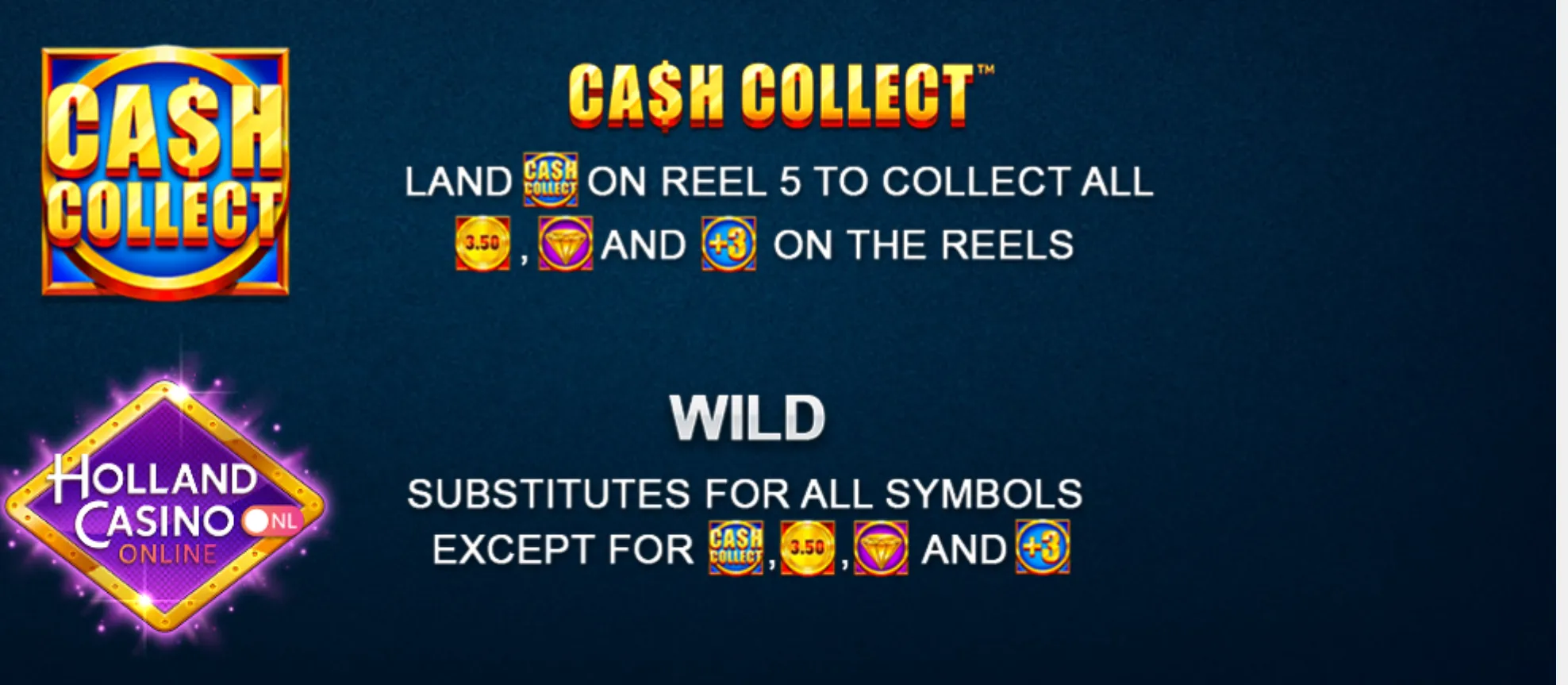 Holland Casino Cash Collect promotional graphic with gold-and-red lettering, a neon casino logo, and illustrated symbols for Cash Collect, a 3.50 coin, a diamond, and +3.