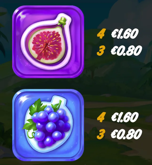 Colorful fruit symbols for a passion fruit and a bunch of grapes appear in glossy purple and blue tiles, with euro payouts against a lush outdoor backdrop.