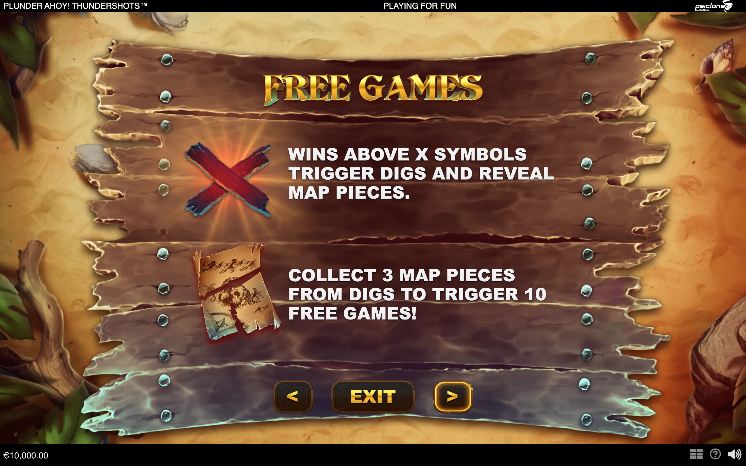 Plunder Ahoy free games instruction screen on a weathered treasure map, featuring crossed tools, a torn map piece, and bold text explaining digs and map-piece collection.