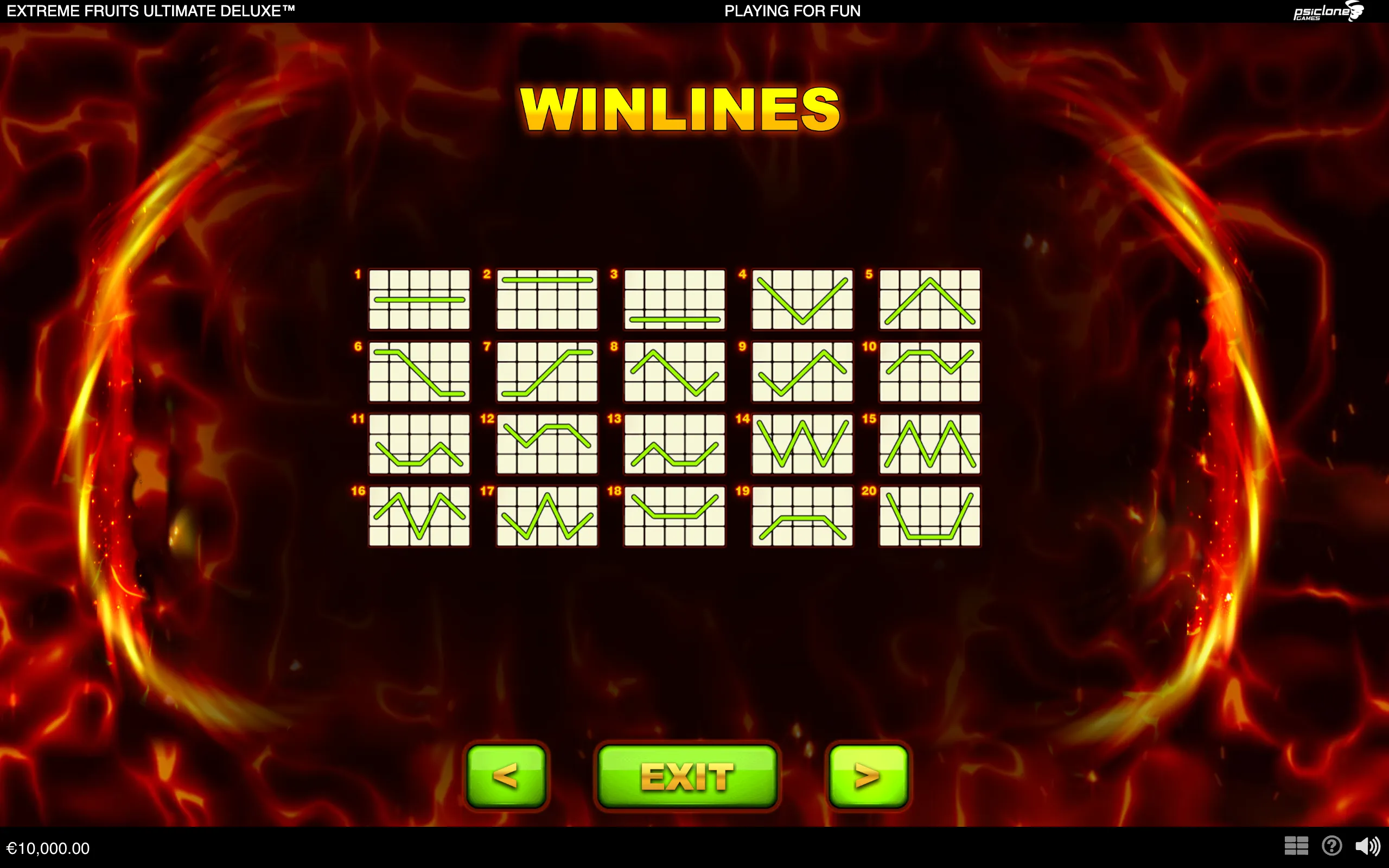Extreme Fruits Ultimate Deluxe winlines guide displaying 20 numbered paylines over a fiery red-and-gold backdrop, with navigation controls below.