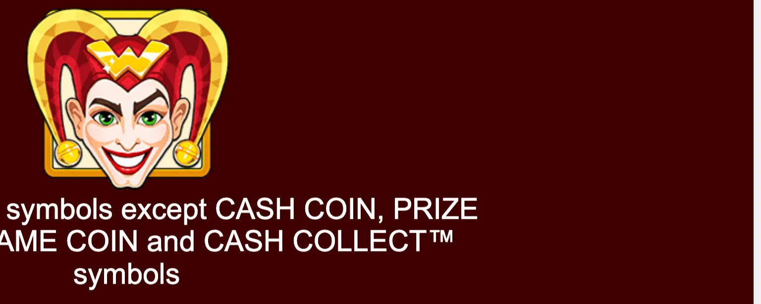 Cartoon joker with green eyes and red-and-gold jester styling beside instructional text referencing CASH COIN, PRIZE GAME COIN and CASH COLLECT symbols.