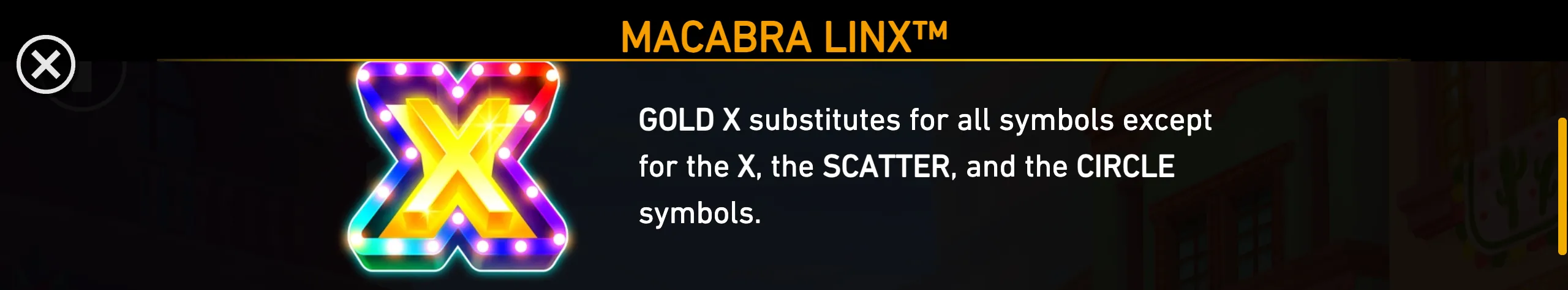 Macabra Linx rules screen featuring a glowing gold X symbol with neon marquee lights and text explaining its substitution function.