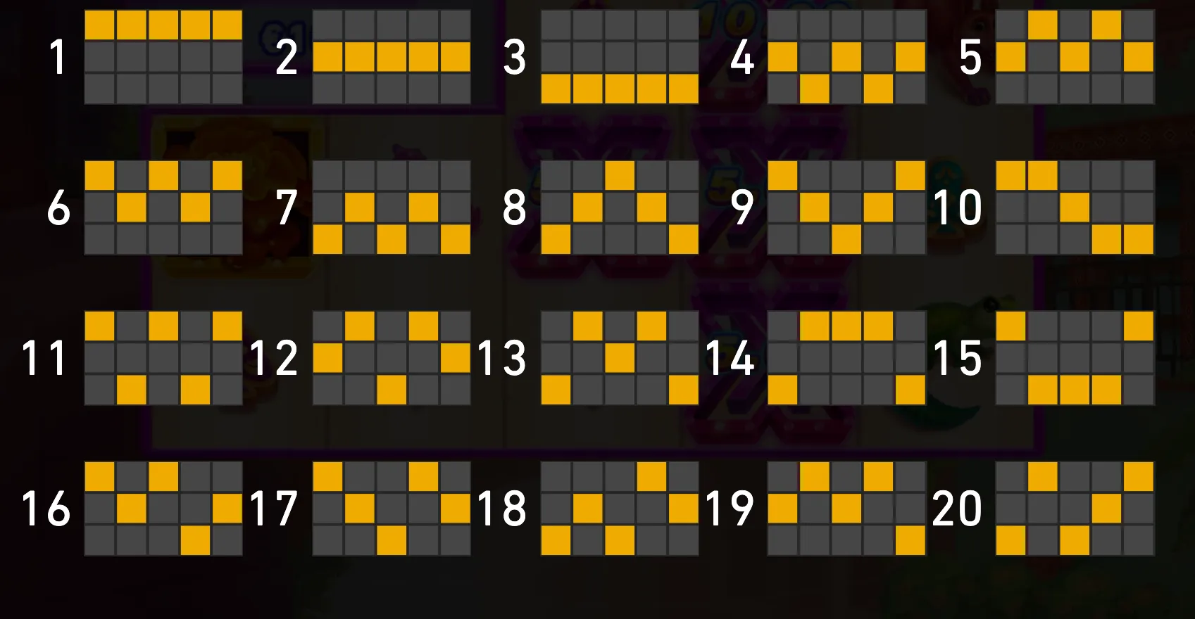 Macabra Linx slot preview featuring 20 numbered paylines mapped across a five-reel, three-row grid with gold and gray line markers over a dark game interface.