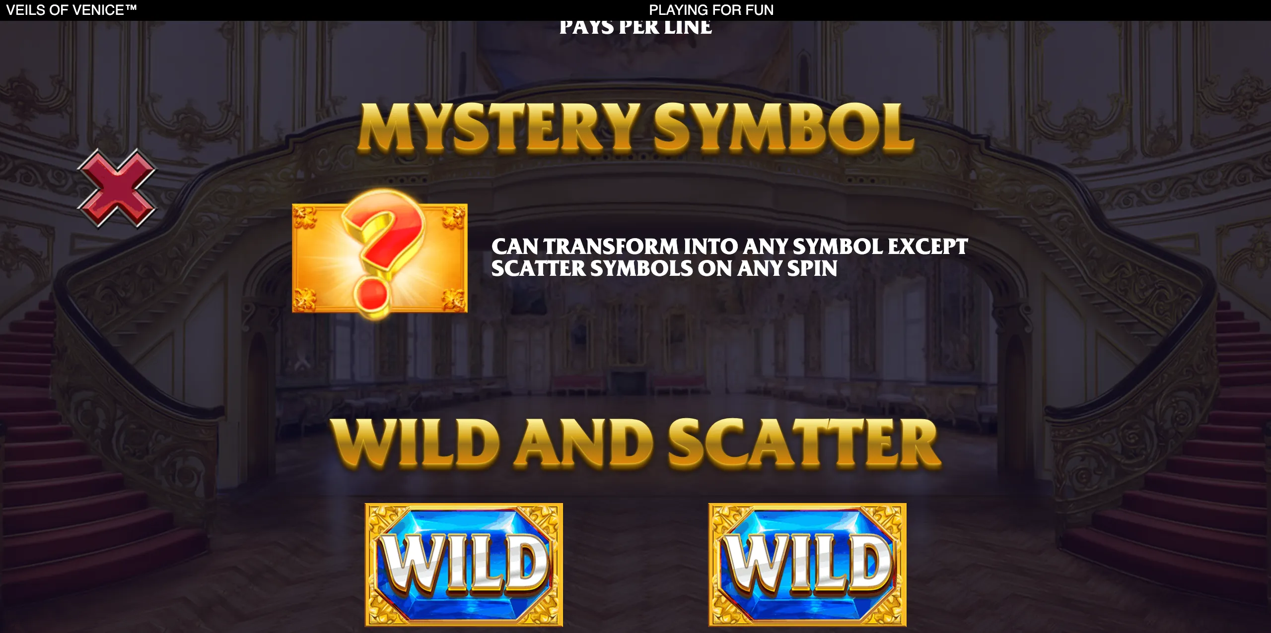 Veils of Venice slot feature panel with a glowing question-mark mystery symbol, ornate gold lettering, and blue wild symbols against an elegant Venetian-style interior.