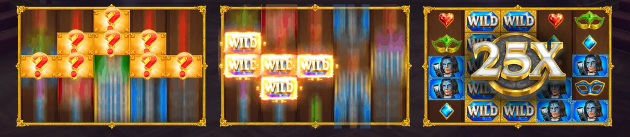 Veils of Venice slot reels featuring glowing question-mark symbols, clustered WILD tiles, Venetian masks, blue-haired masked characters, and a prominent 25x multiplier.