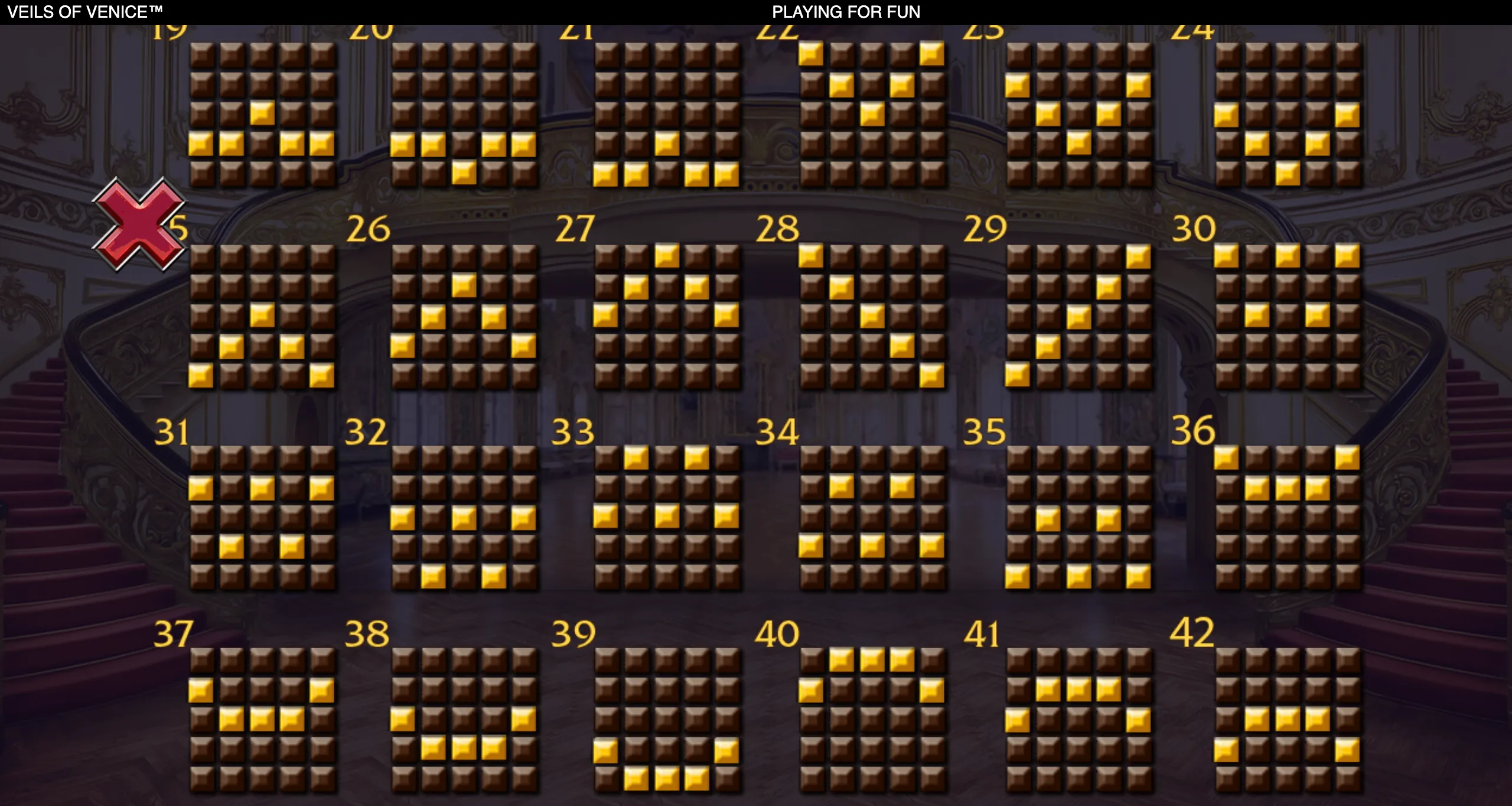 Veils of Venice slot interface featuring numbered grids of brown covered tiles with gold-revealed sections against an ornate Venetian casino backdrop.