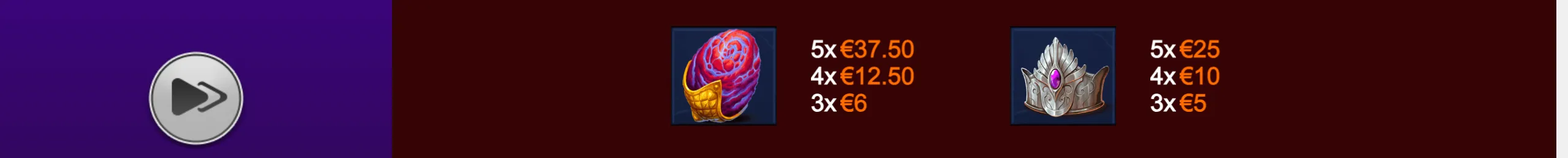 Wheels of Flame PowerPlay Jackpot paytable featuring a molten red-purple orb and a silver jeweled crown with euro payouts against a dark purple and burgundy backdrop.