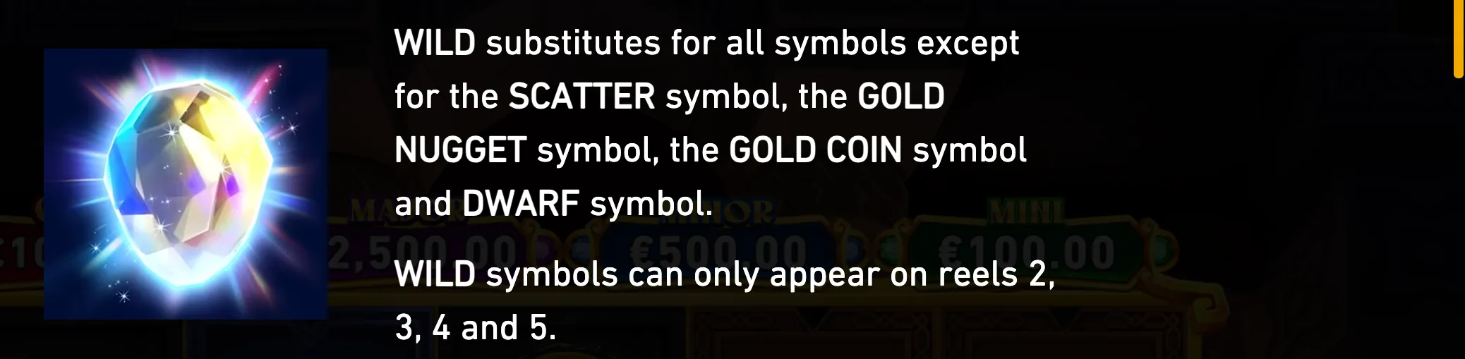 A glowing faceted gemstone appears beside white rules text explaining the Wild symbol in Mega Fire Blaze: Dwarves & Goblins.
