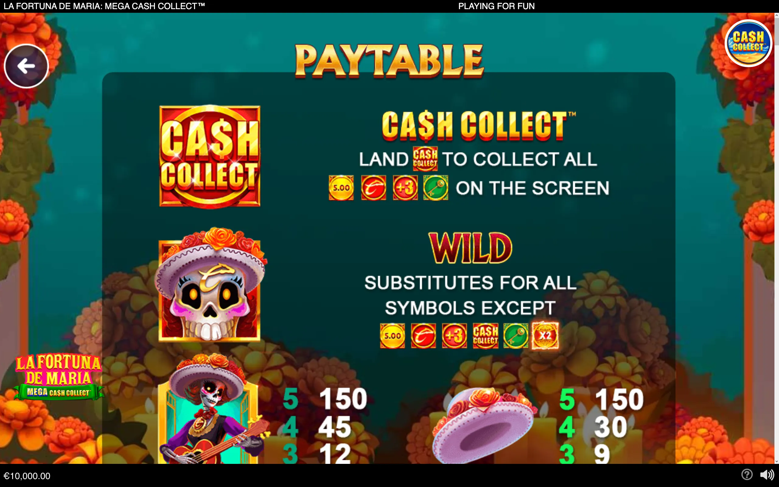 La Fortuna de Maria: Mega Cash Collect paytable featuring a decorated calavera character, Cash Collect and Wild symbols, cash values, and colorful marigold floral artwork.