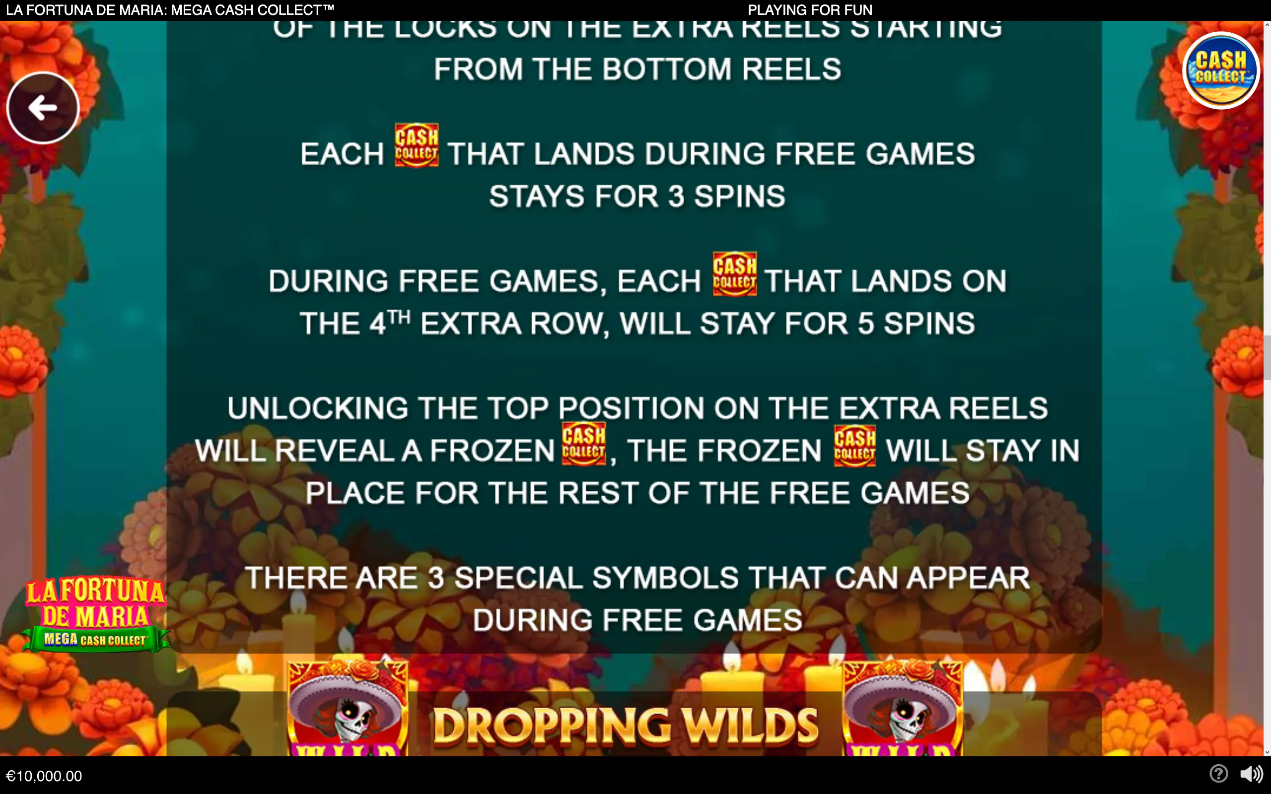 La Fortuna de Maria: Mega Cash Collect feature panel with marigold flowers, candles, skull mariachi symbols, Cash Collect icons, and text describing free-game spins, frozen symbols, and dropping wilds.