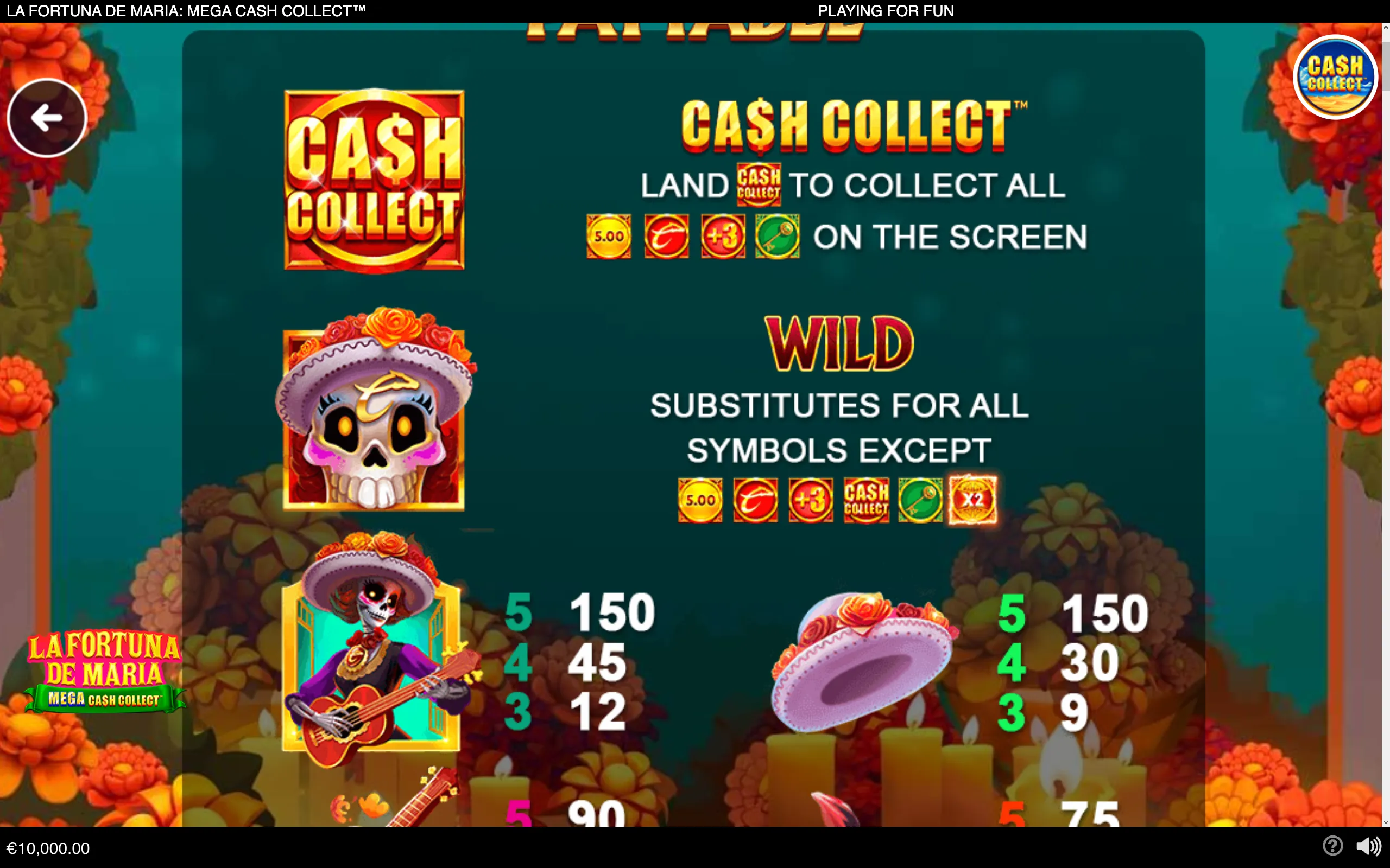 La Fortuna de Maria: Mega Cash Collect slot artwork featuring a decorated skull mariachi, sombreros, marigolds, candles, cash collect symbols, and wild instructions.